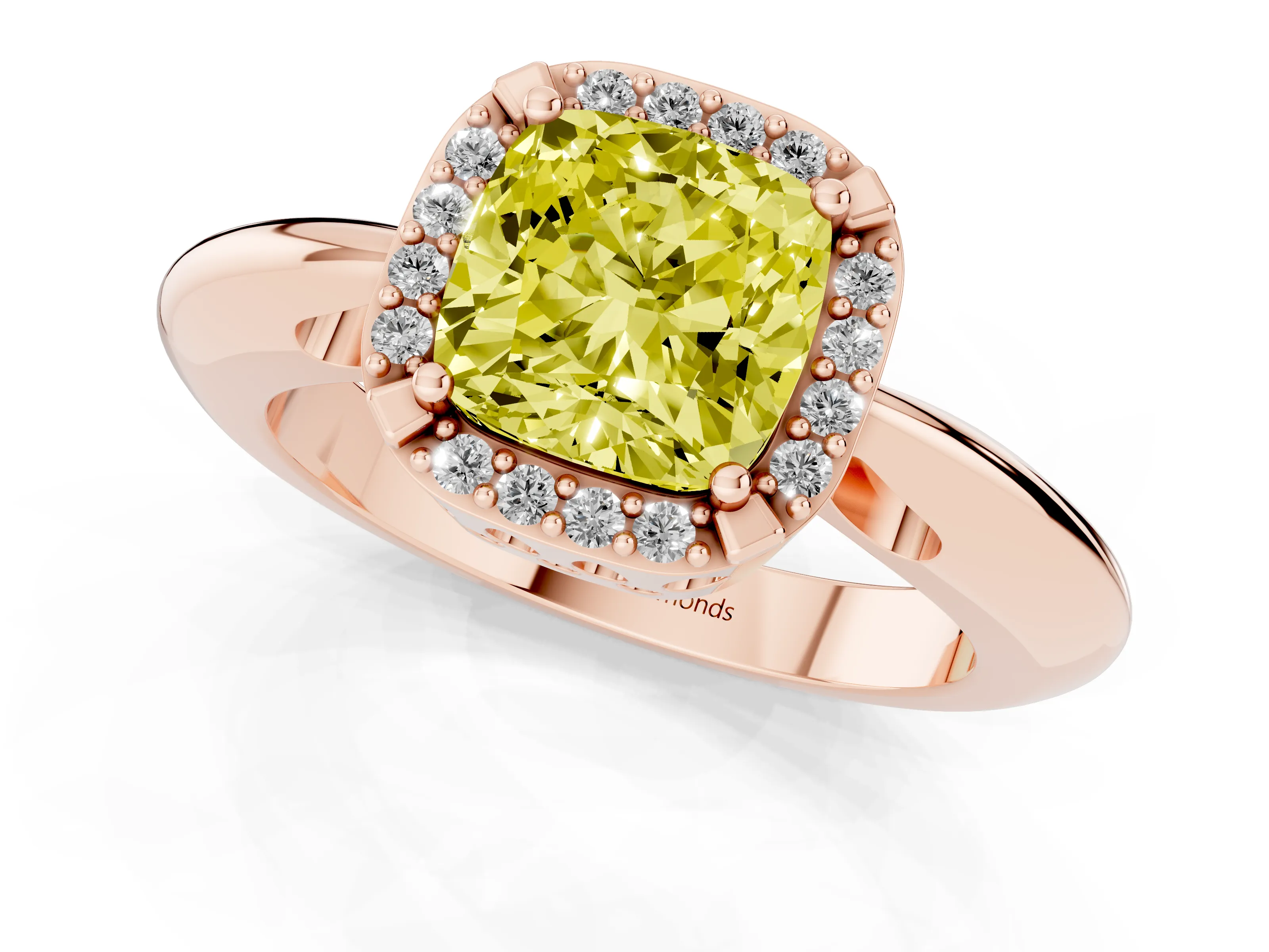 Fancy Yellow Cushion Cut Diamond Halo Engagement Ring Set in Rose gold with Plain Split Shank and Prong Setting