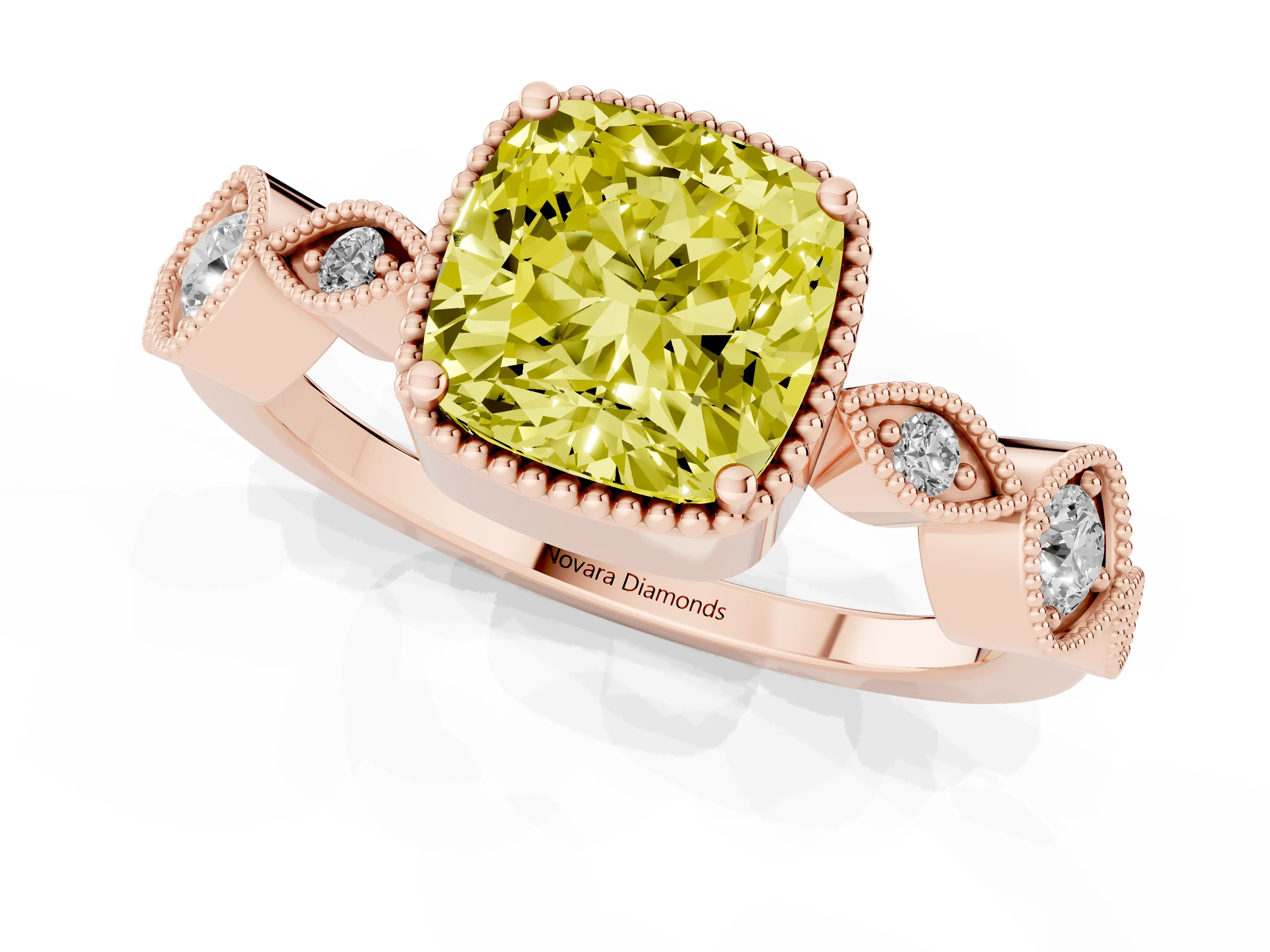 Fancy Yellow Cushion Cut Diamond Vintage-Inspired Milgrain Ring Set in Rose gold with Marquise Stations of Round Accents