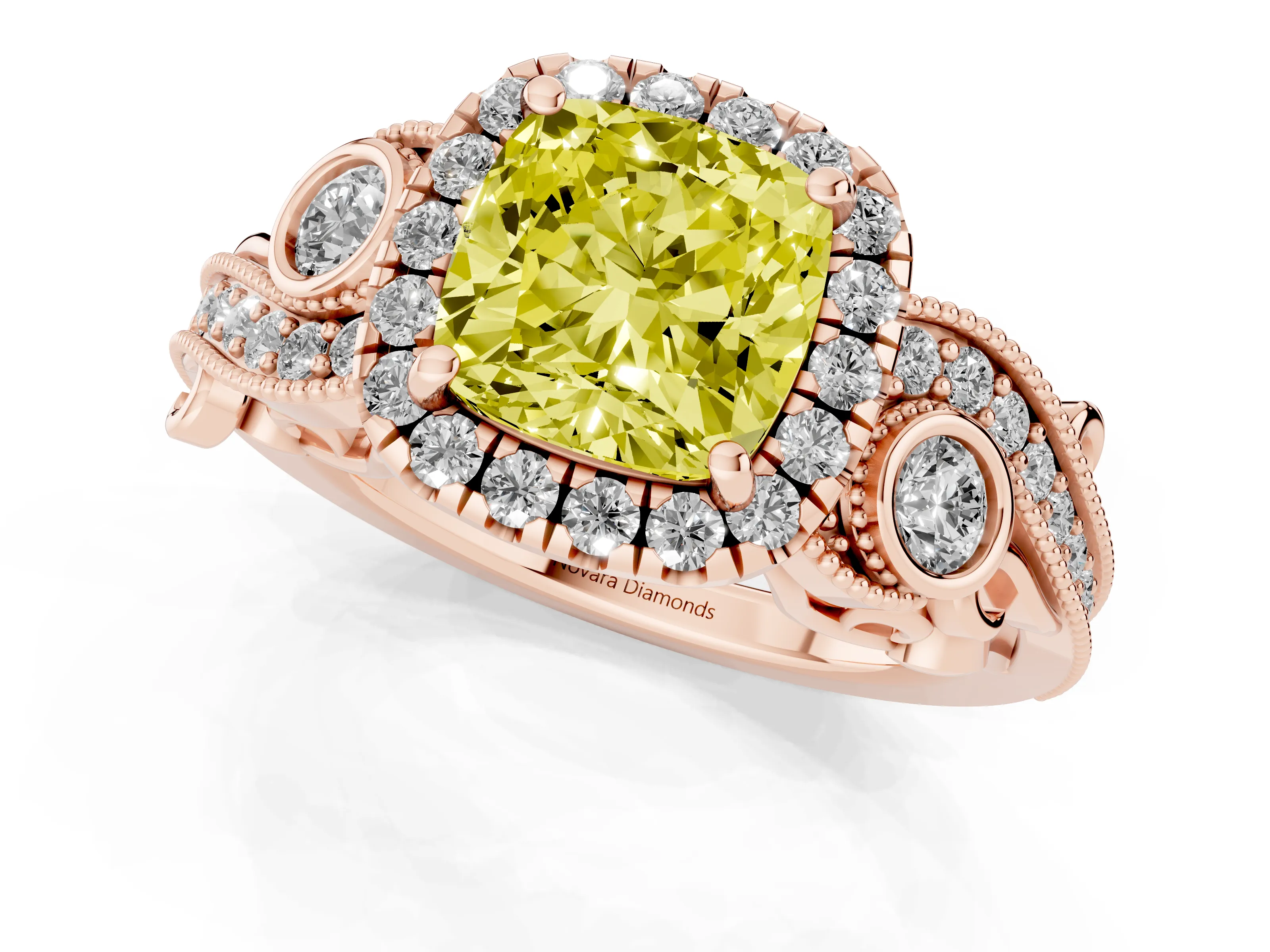 Fancy Yellow Cushion Cut Diamond Halo Ring Set in Rose gold with Milgrain Pavé Band and Prong Setting