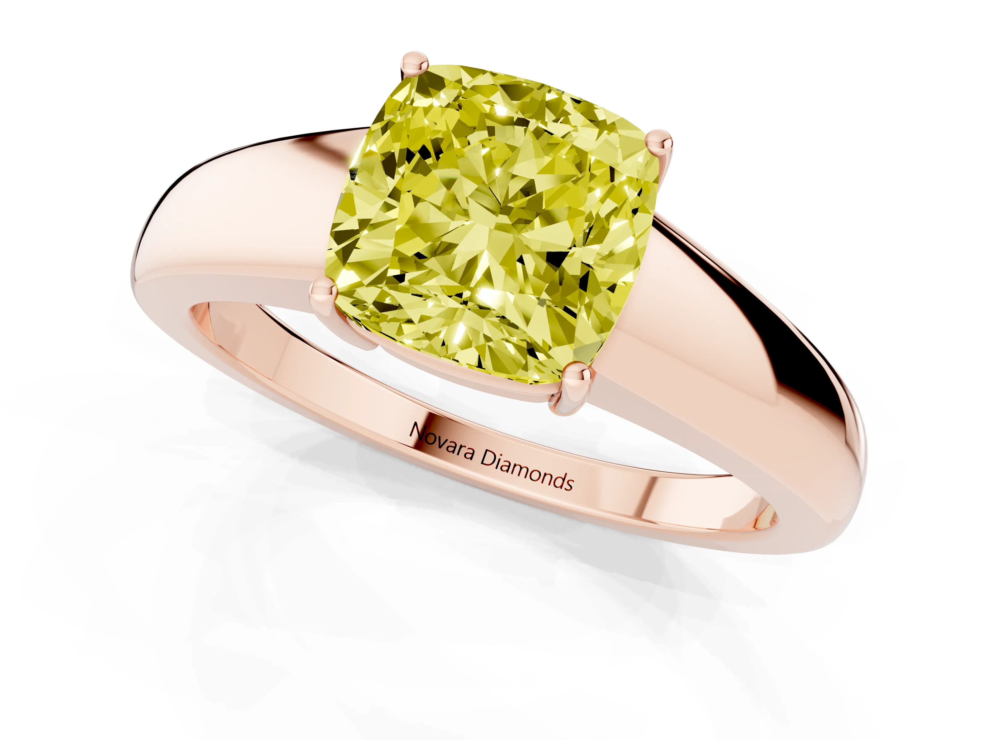 Fancy Yellow Cushion Cut Diamond Solitaire Ring Set in Rose gold with Tapered Band and Prong Setting
