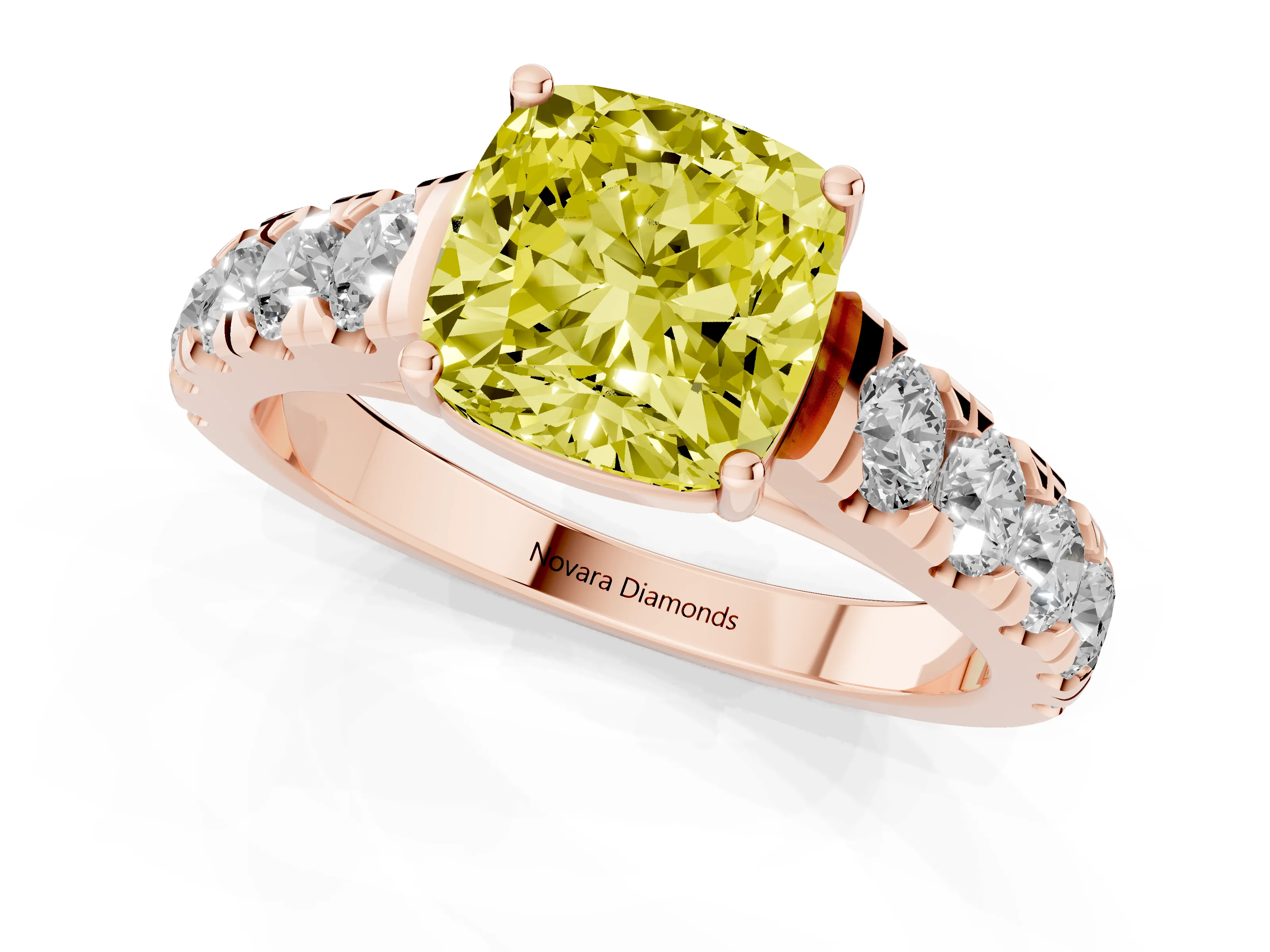 Fancy Yellow Cushion Cut Diamond Solitaire Ring Set in Rose gold with Cut-Down Micro Pavé Band and Prong Setting