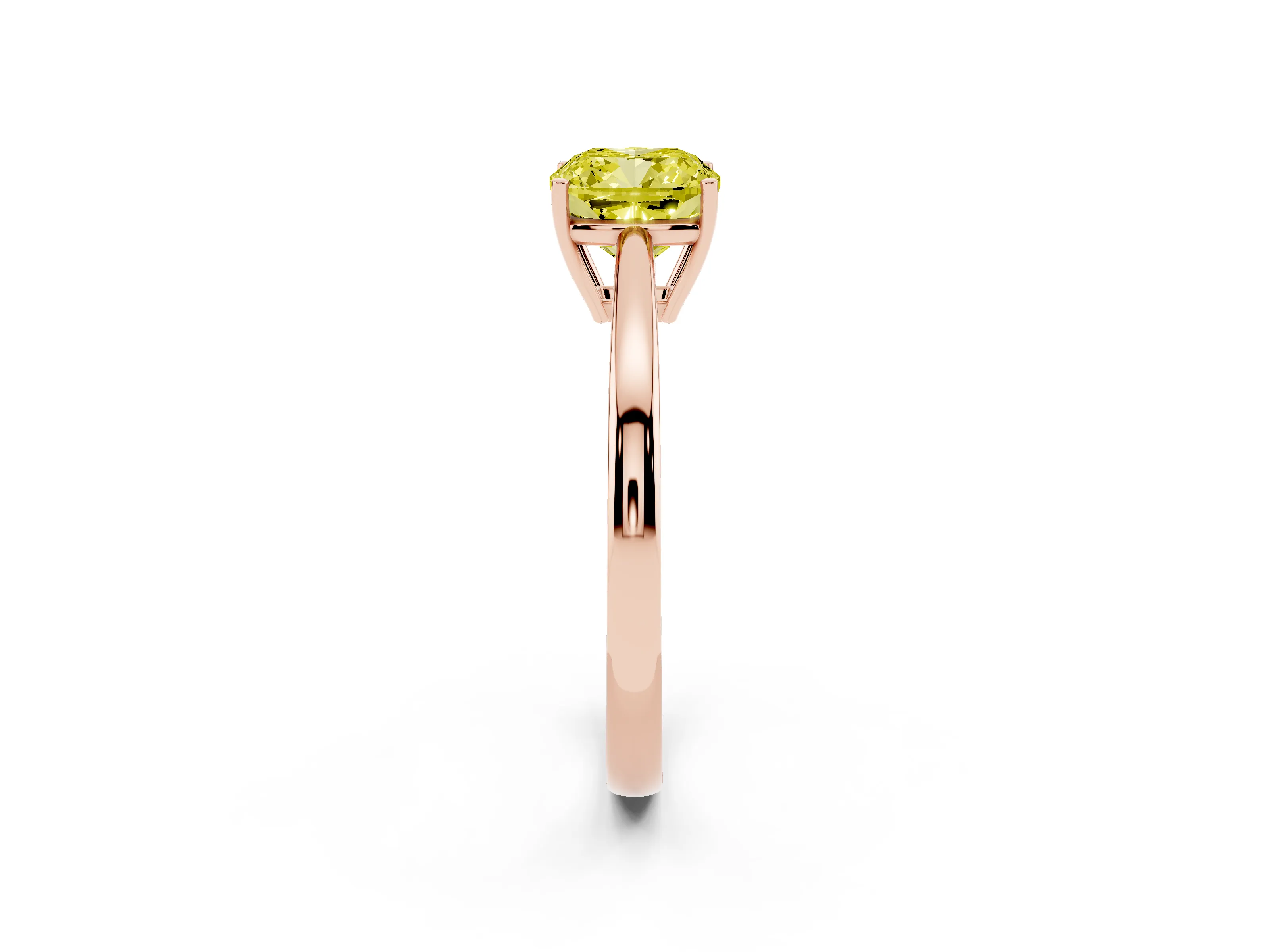 Fancy Yellow Cushion Cut Diamond Solitaire Ring Set in Rose gold with Split Shank and Prong Setting