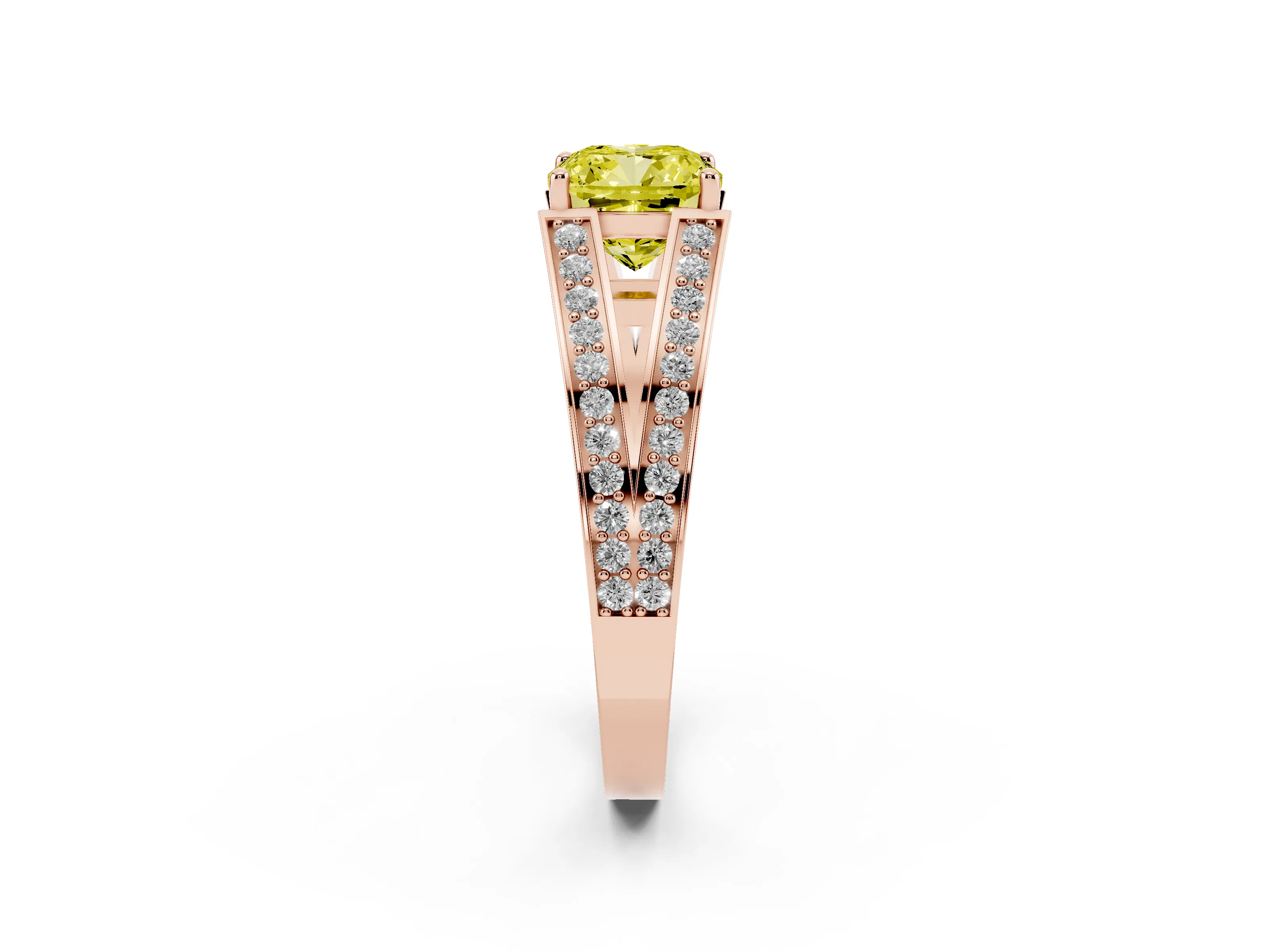 Fancy Yellow Cushion Cut Diamond Split Shank Ring Set in Rose gold with Pavé Band and Prong Setting