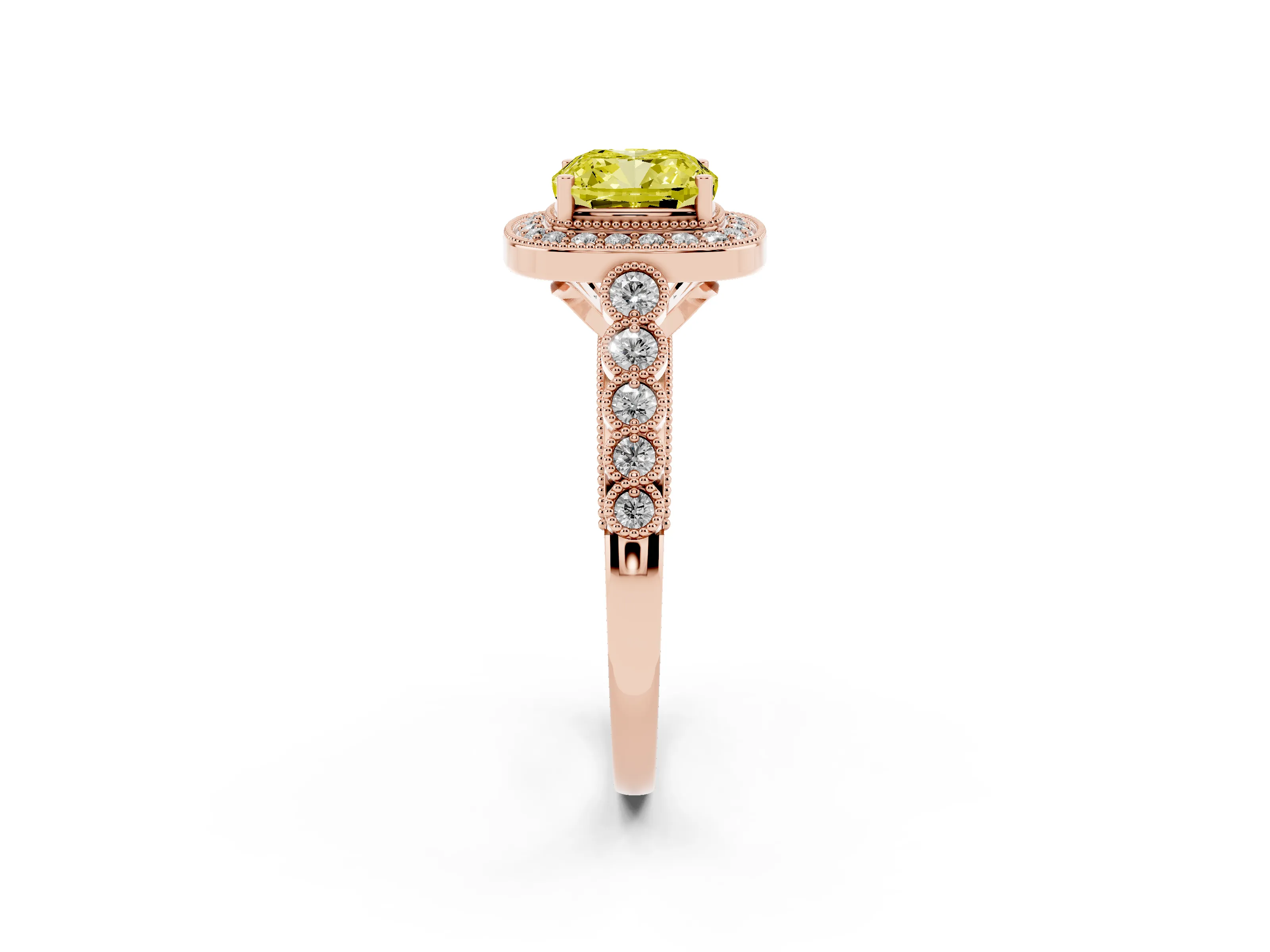 Fancy Yellow Cushion Cut Diamond Milgrain Halo Solitaire Ring Set in Rose gold with Bezel Set Side Stones and Pavé Band