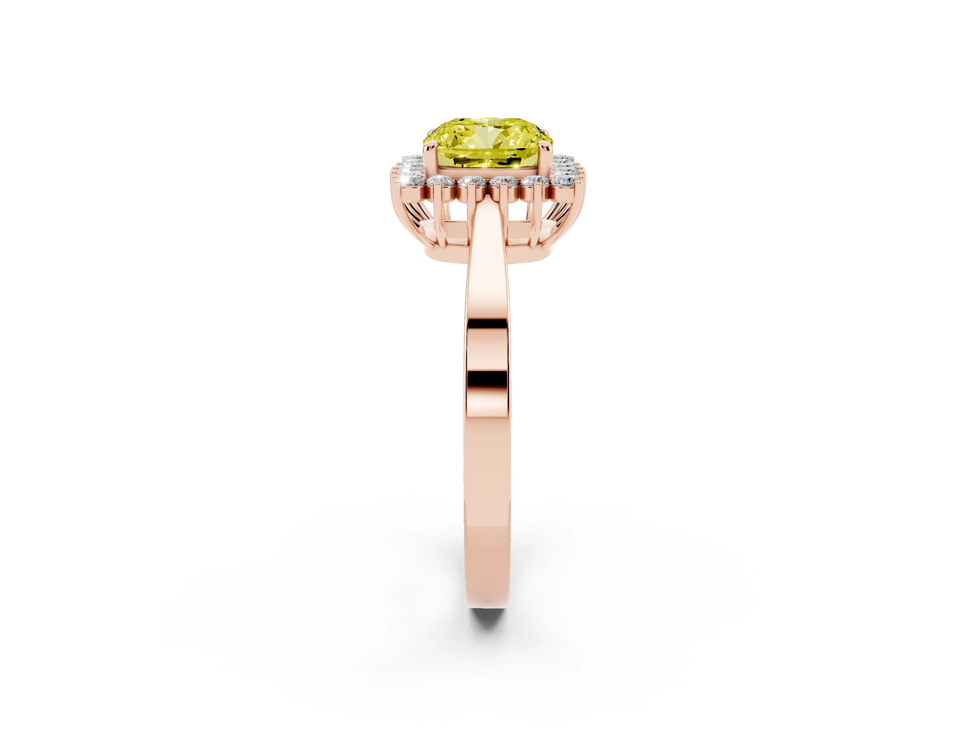 Fancy Yellow Cushion Cut Diamond Halo Ring Set in Rose gold with Round Halo and Smooth Solitaire Band