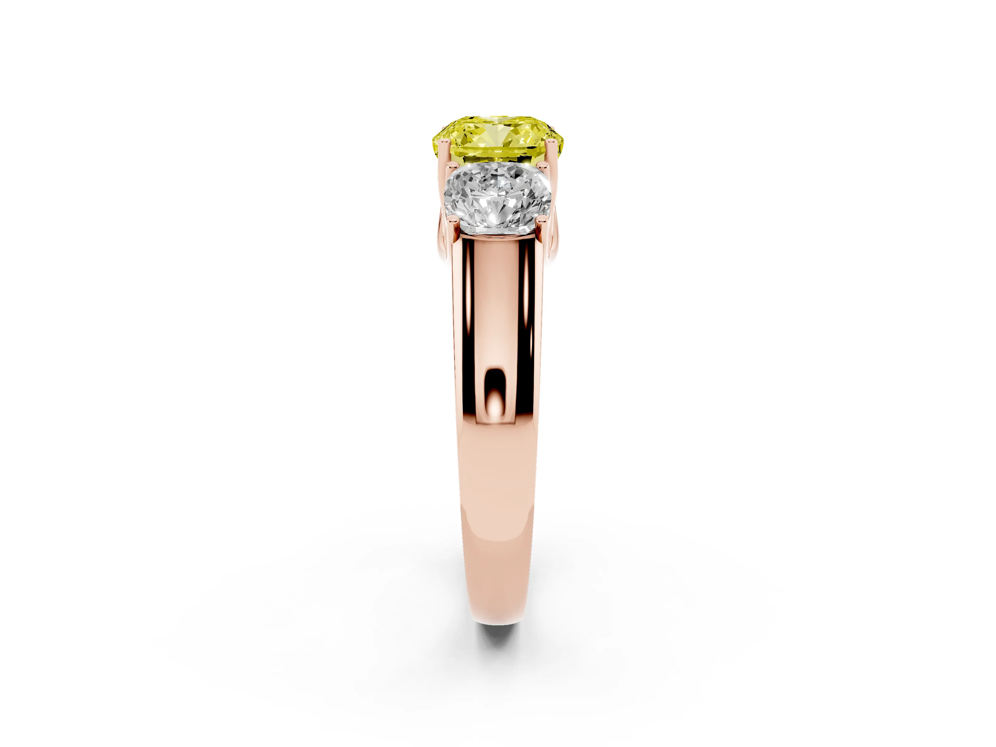 Fancy Yellow Three-Stone Cushion Cut Diamond Ring Set in Rose gold with Matching Prong Settings and Plain Band