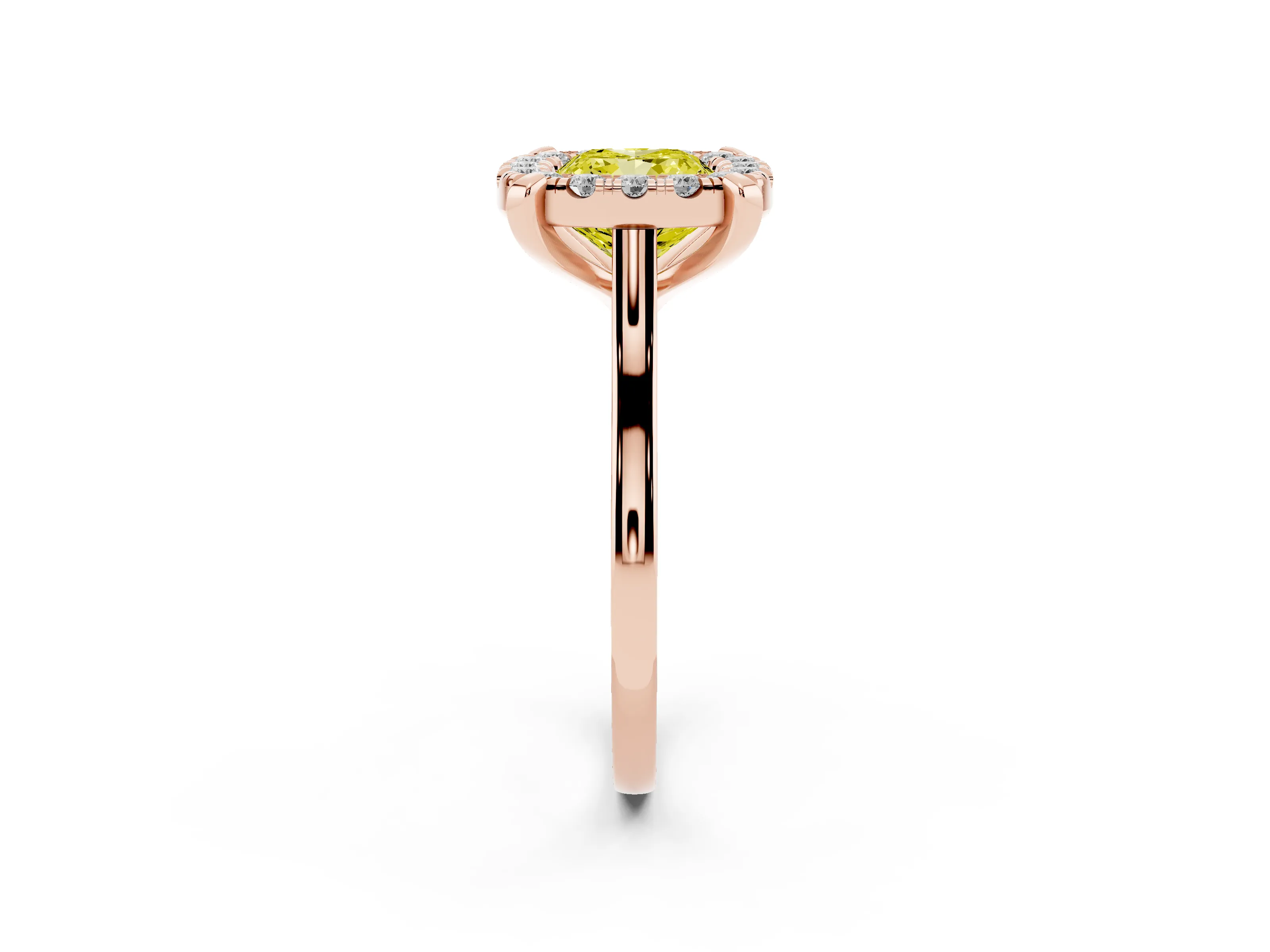 Fancy Yellow Cushion Cut Diamond Cluster Halo Solitaire Ring Set in Rose gold with Prong Setting