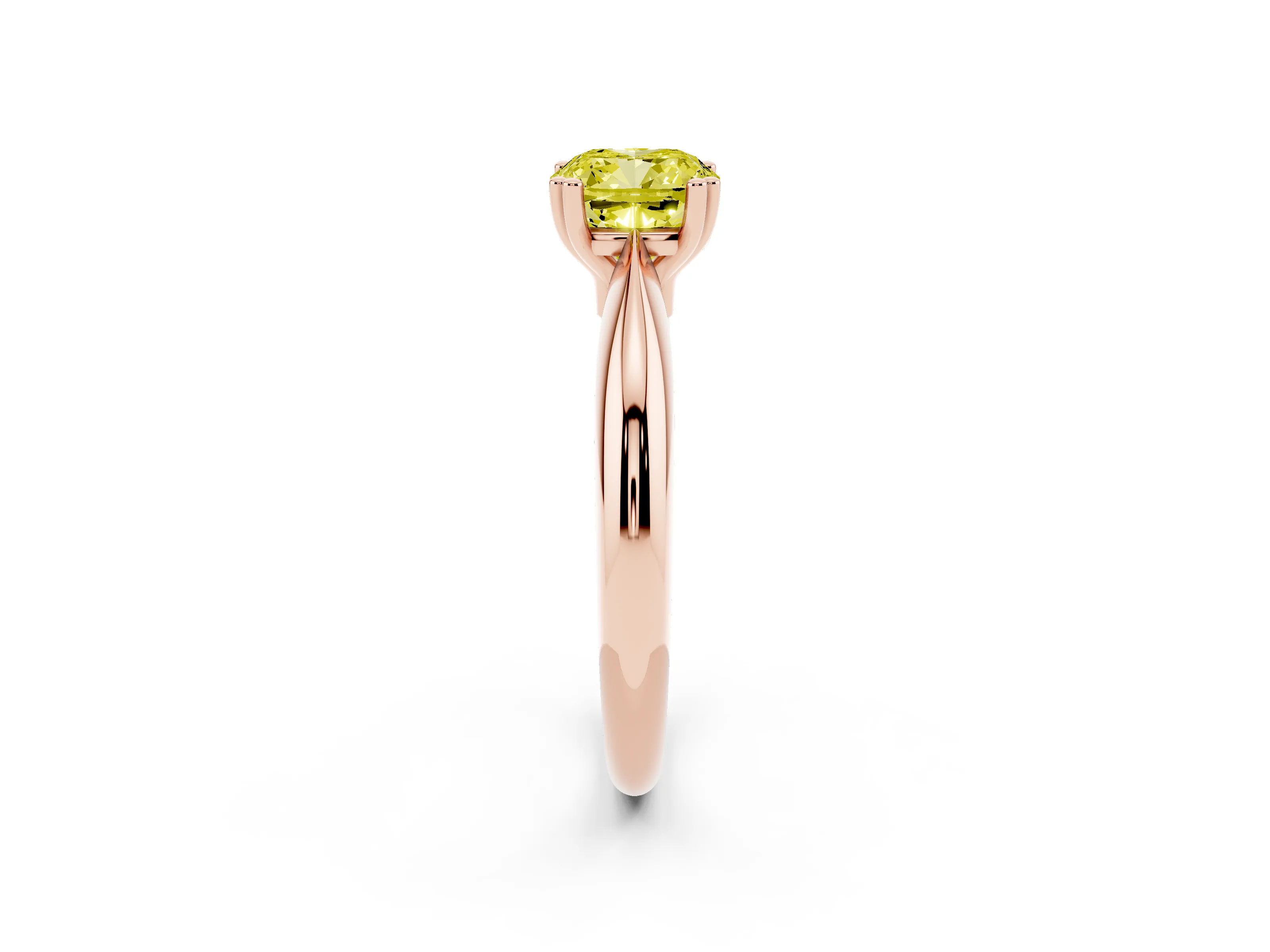 Fancy Yellow Cushion Cut Diamond Solitaire Engagement Ring Set in Rose gold with Tapered Band and Prong Setting