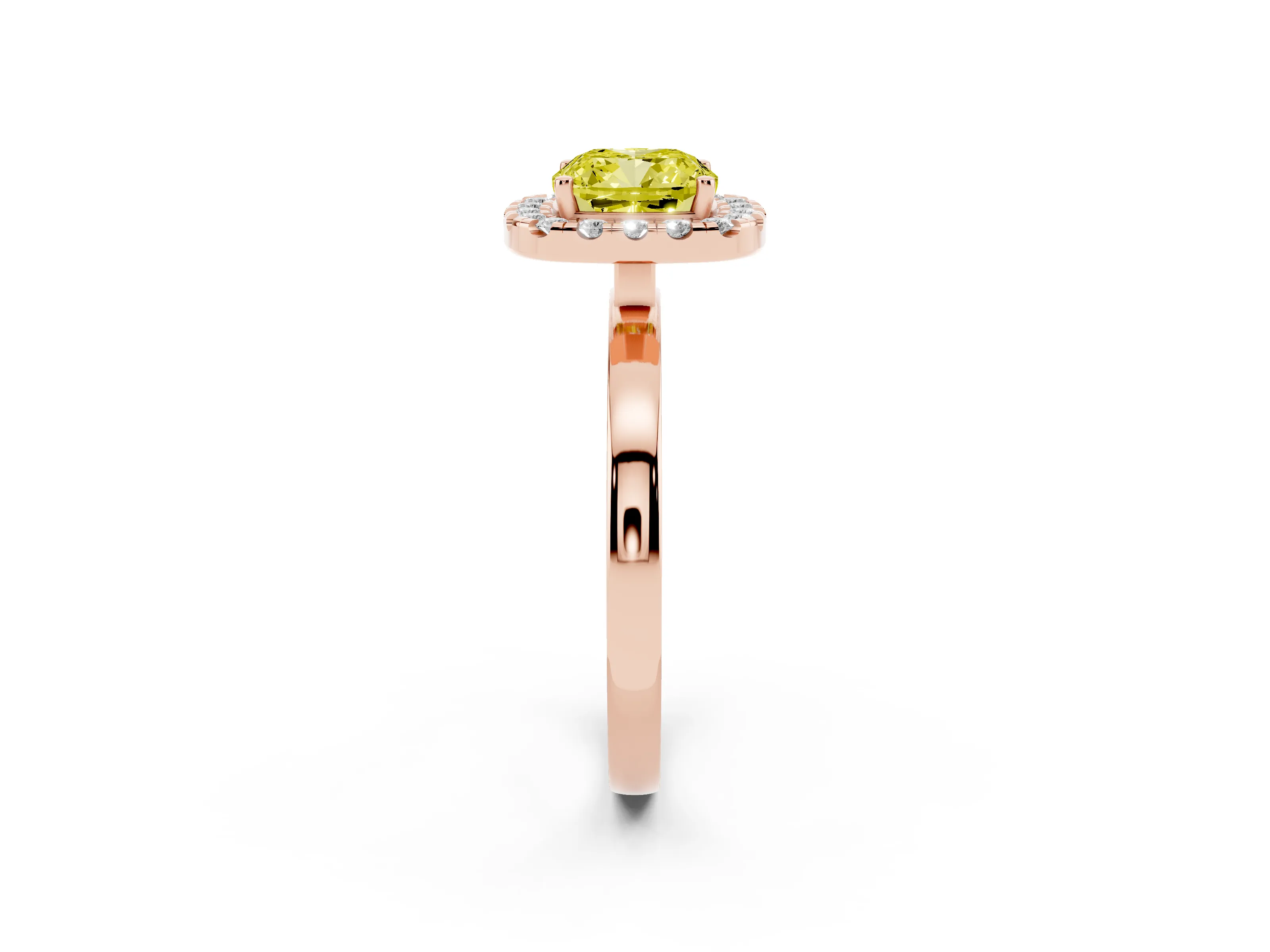 Fancy Yellow Cushion Cut Diamond Halo Solitaire Ring Set in Rose gold with Pavé Band and Prong Setting