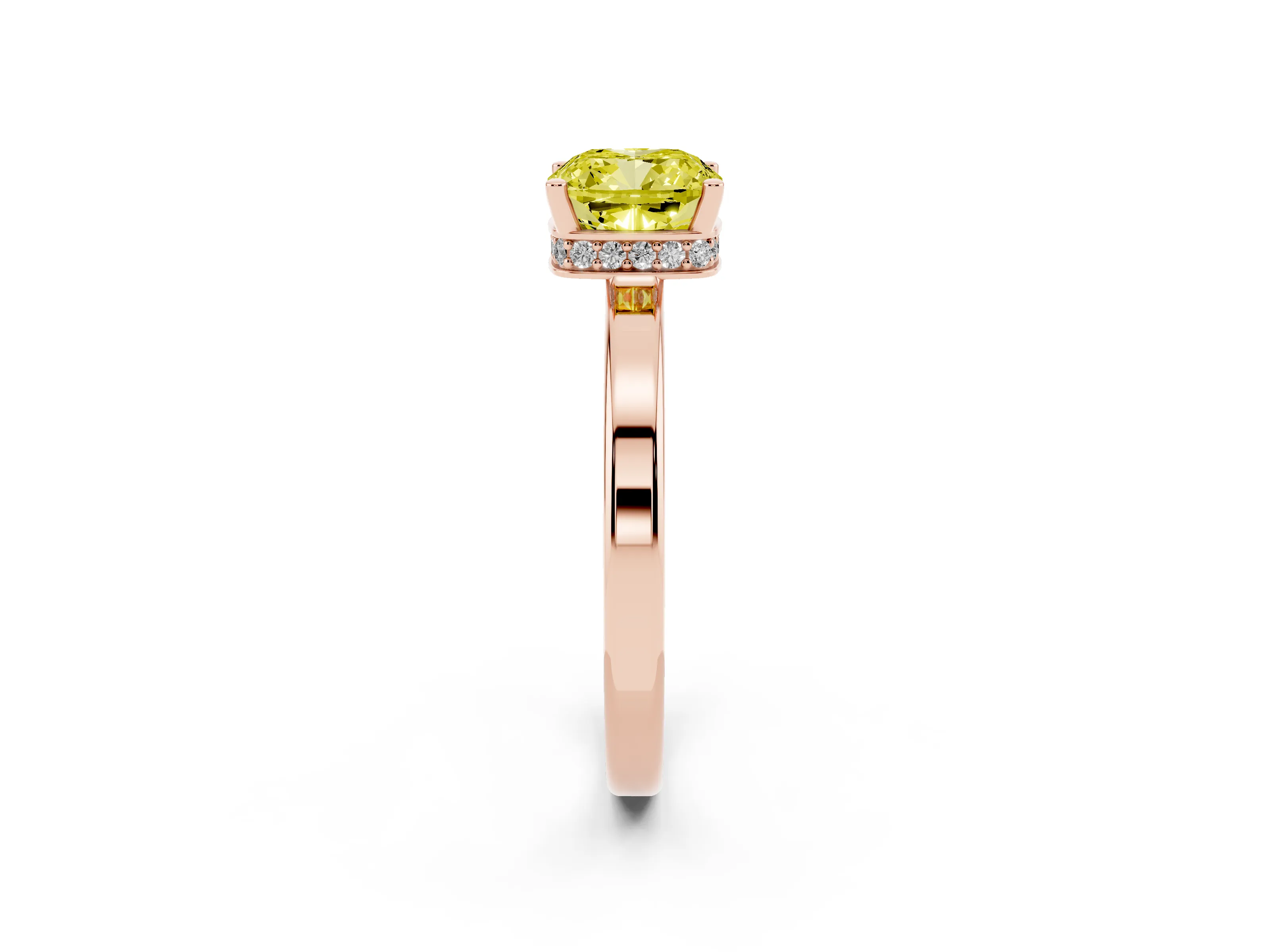 Fancy Yellow Cushion Cut Diamond Solitaire Engagement Ring Set in Rose gold with Prong Setting on a Plain Band
