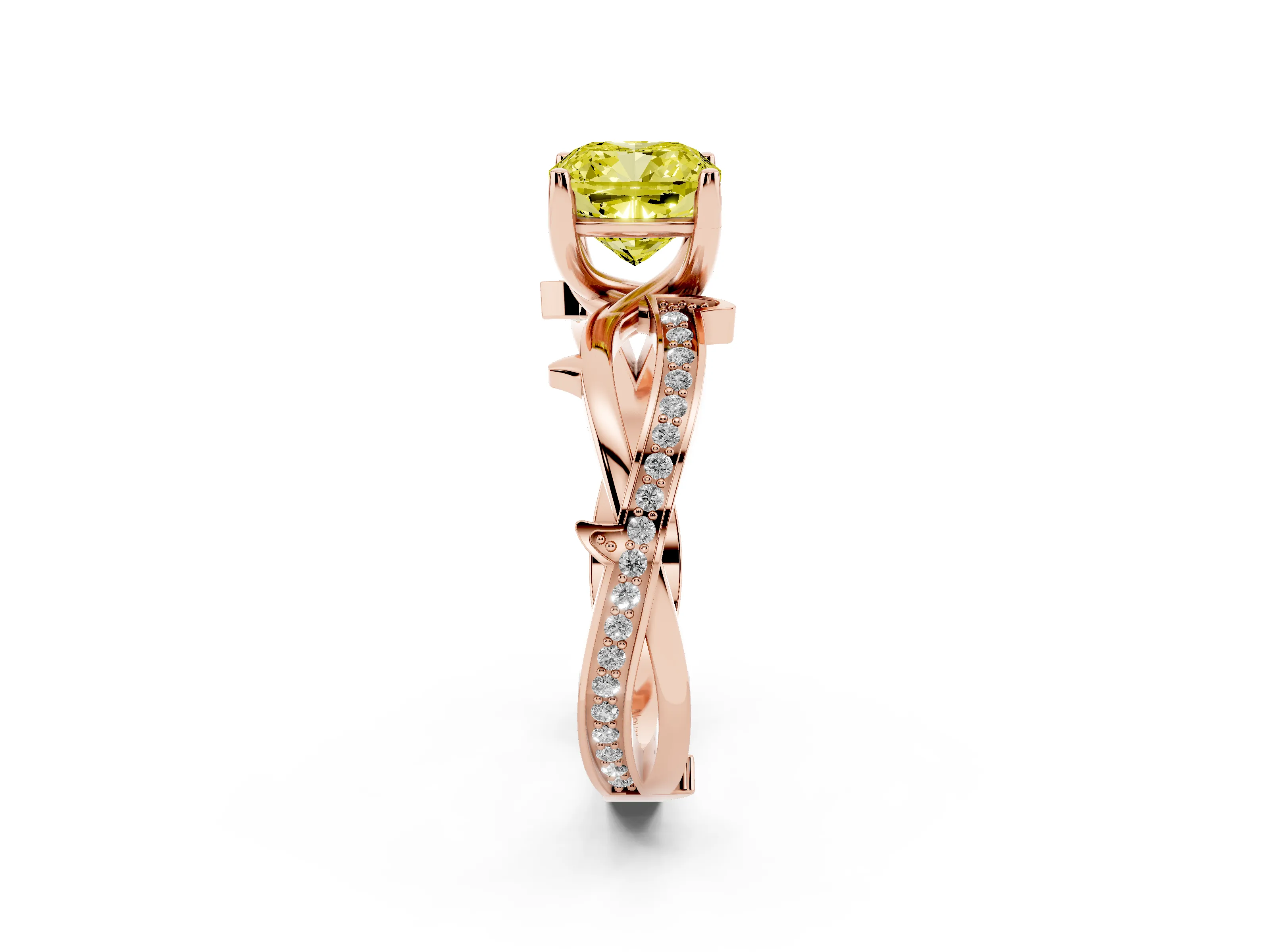 Fancy Yellow Cushion Cut Diamond Pavé Twist Band Solitaire Ring Set in Rose gold with Prong Setting