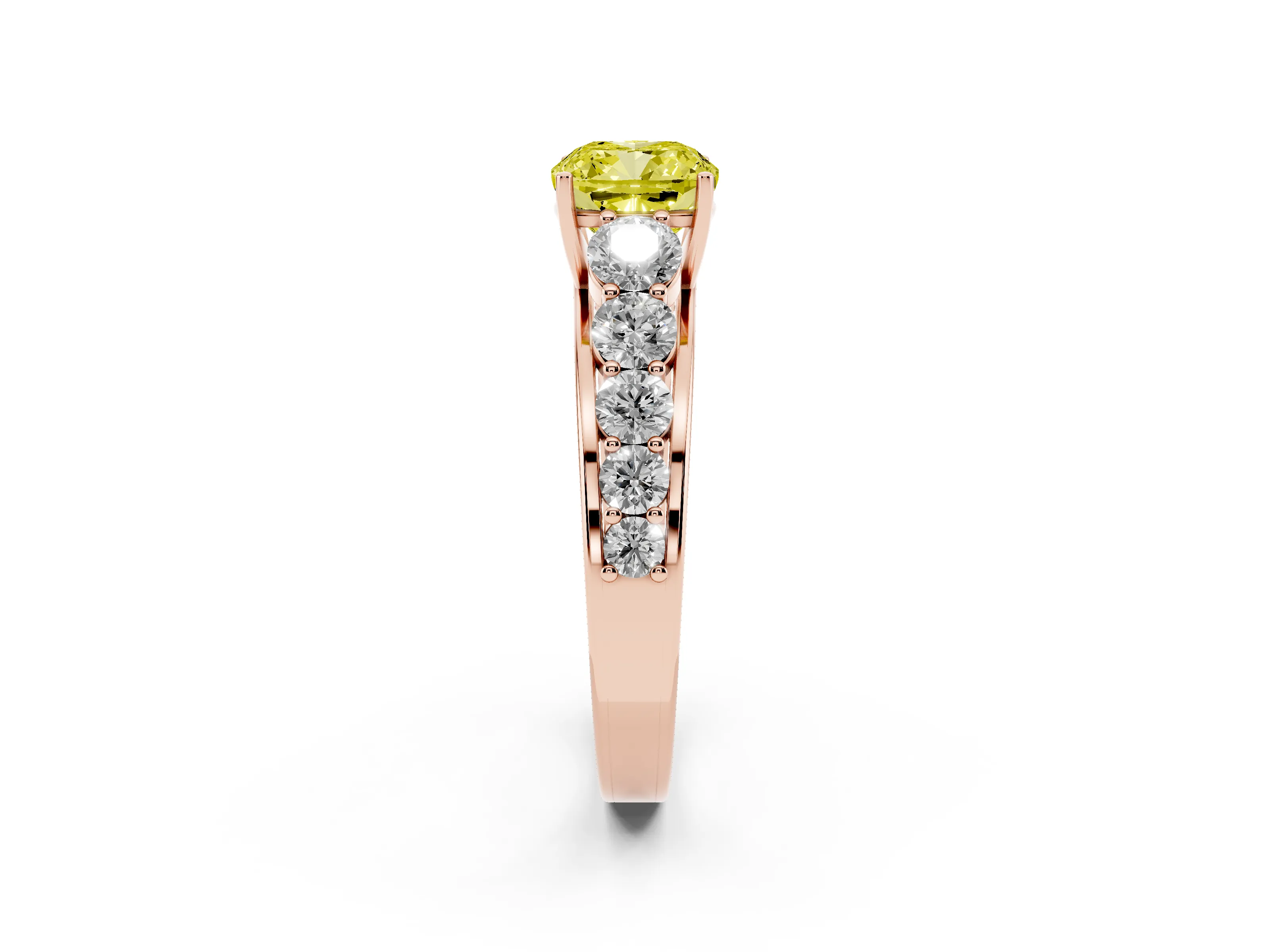 Fancy Yellow Cushion Cut Diamond Solitaire Ring Set in Rose gold with Pavé-Set Band and Prong Setting
