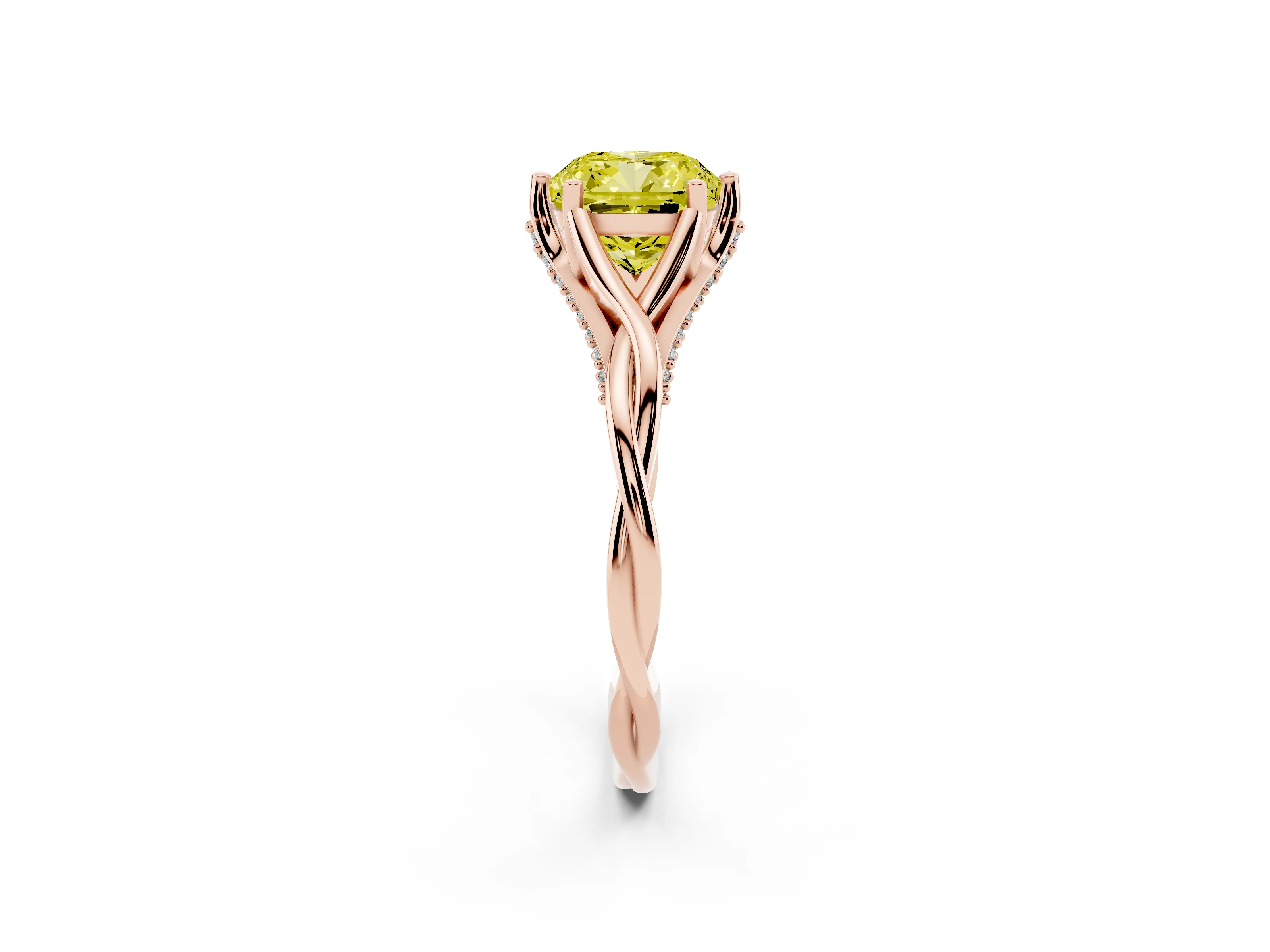Fancy Yellow Cushion Cut Diamond Intertwined Twist Band Solitaire Ring Set in Rose gold with Prong Setting