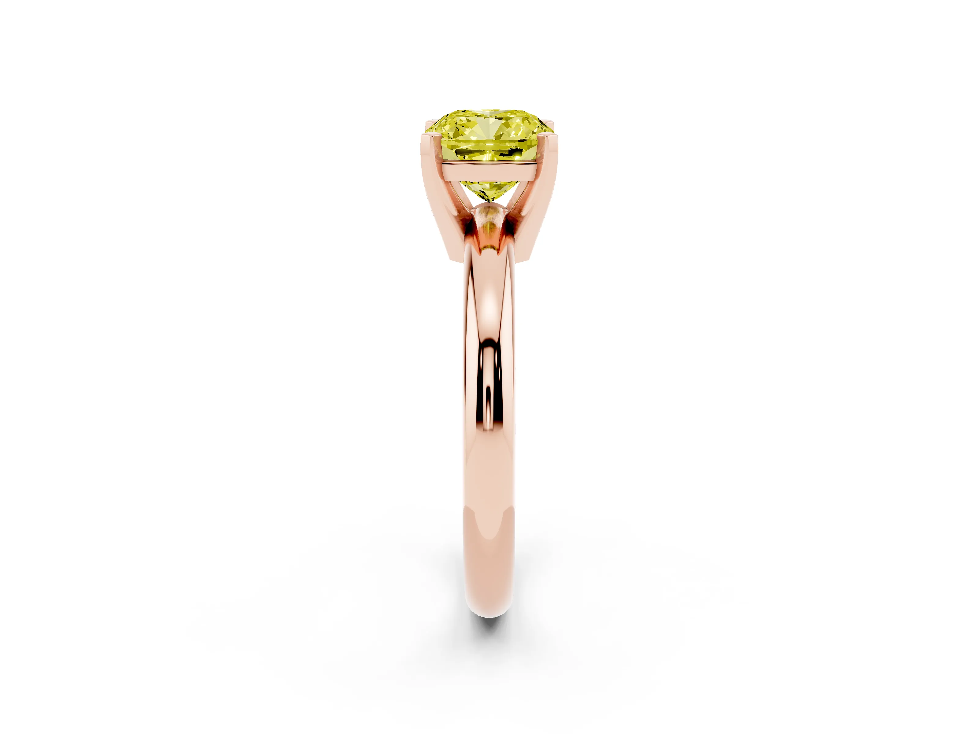 Fancy Yellow Cushion Cut Diamond Solitaire Engagement Ring Set in Rose gold with Round Band and Prong Setting