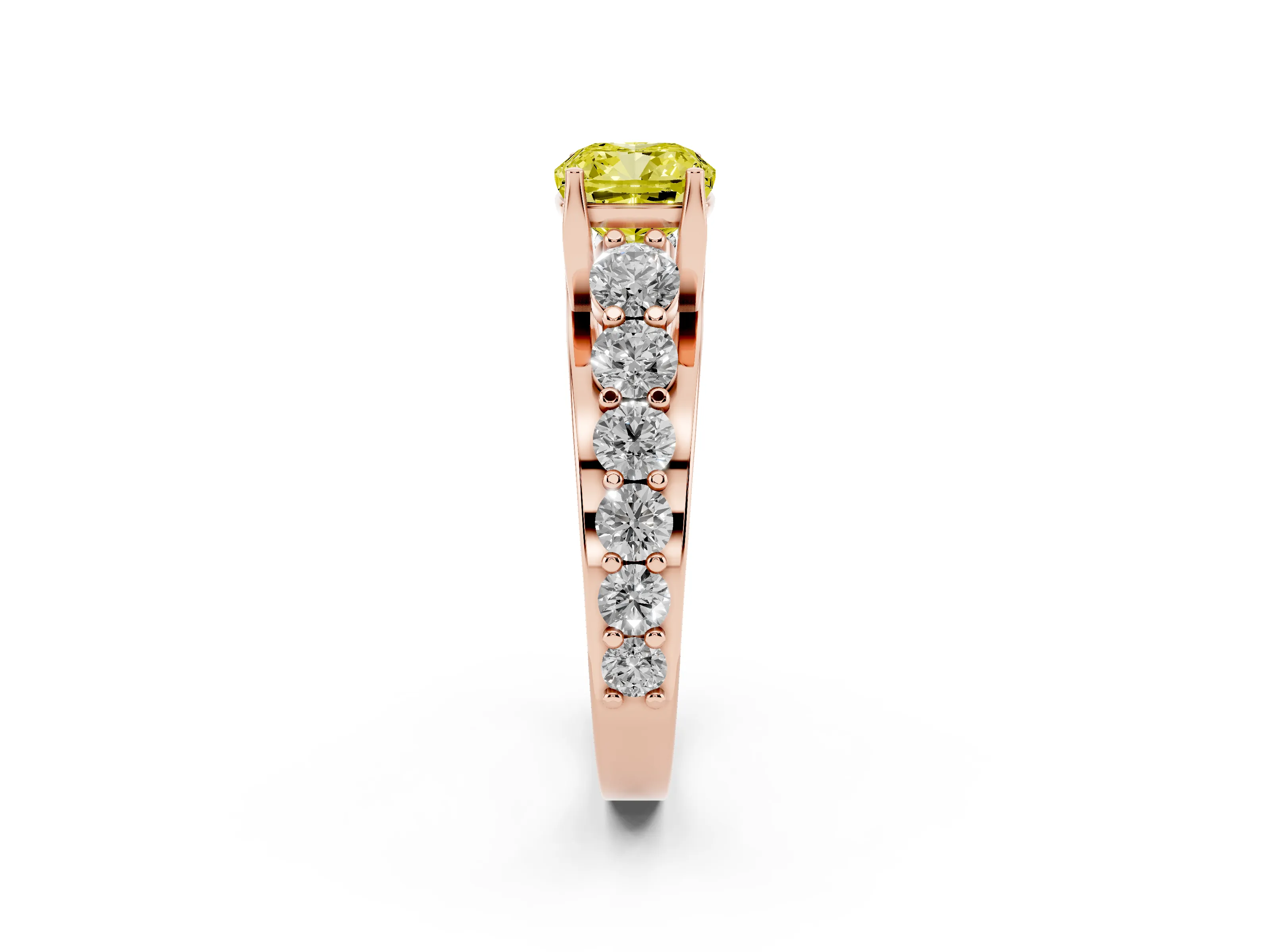 Fancy Yellow Cushion Cut Diamond Pavé Engagement Ring Set in Rose gold with Prong Setting