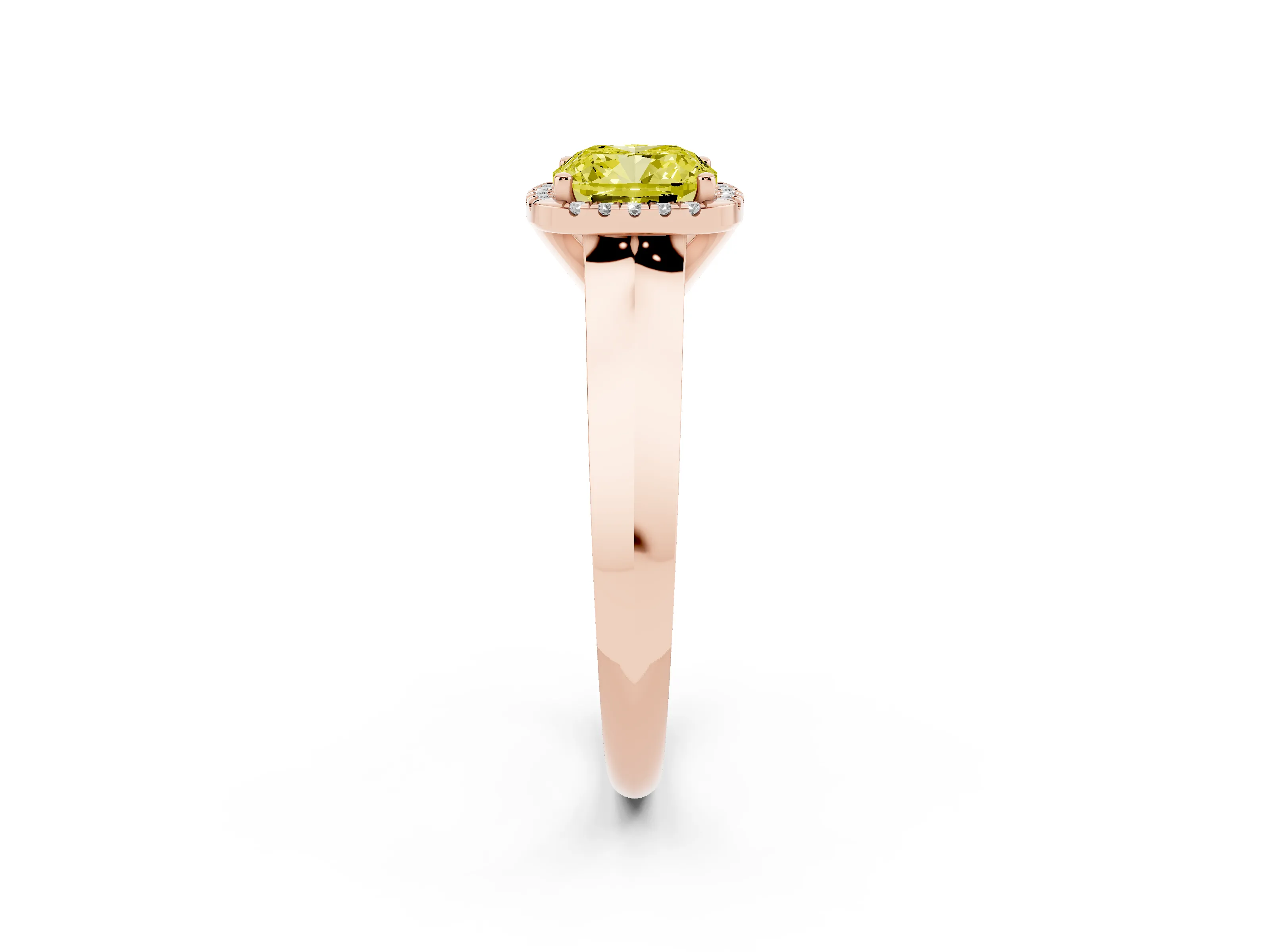 Fancy Yellow Cushion Cut Diamond Halo Ring Set in Rose gold with Cathedral Band and Prong Setting