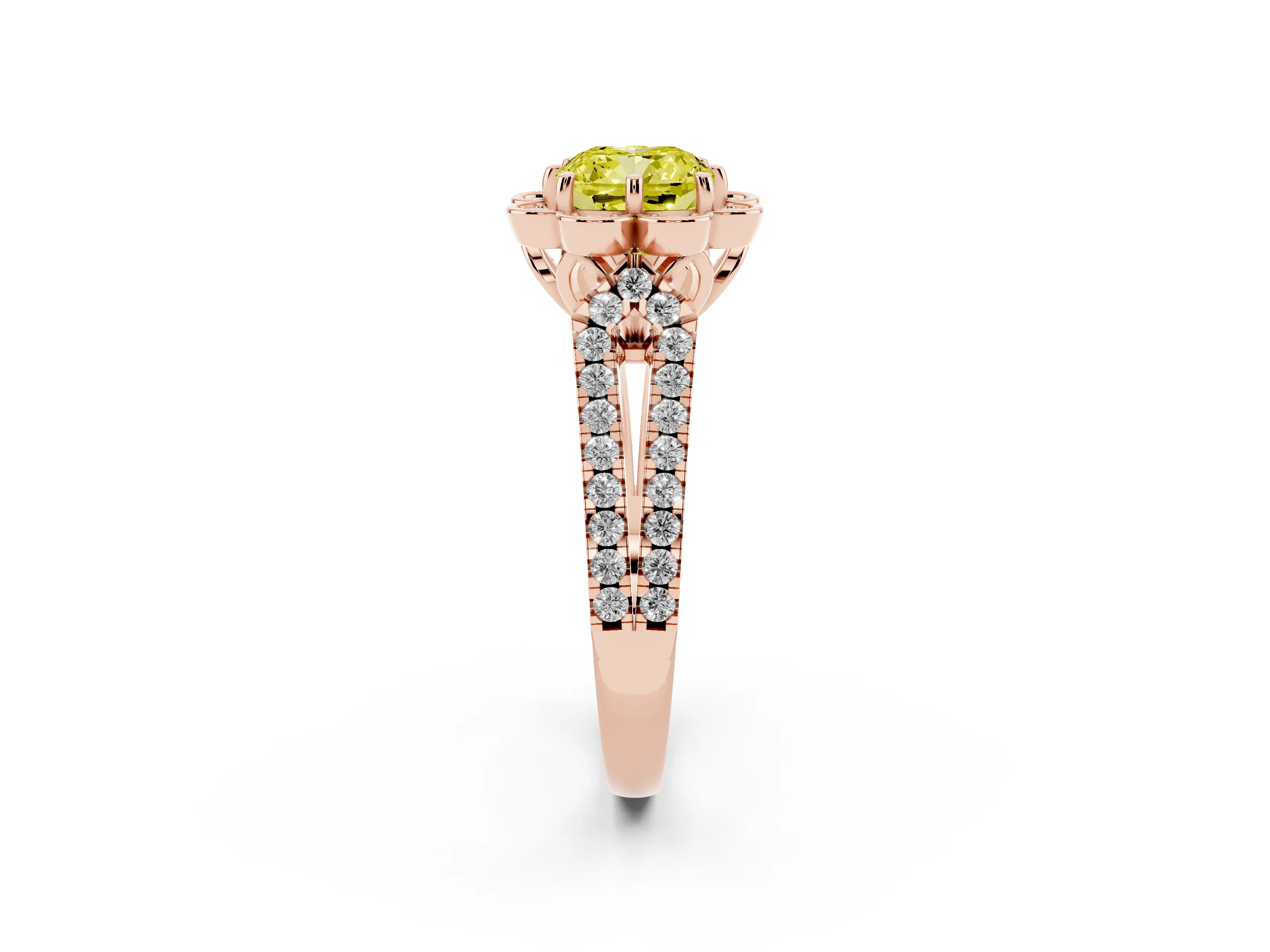 Fancy Yellow Cushion Cut Diamond Floral Halo Split Shank Engagement Ring Set in Rose gold with Pavé Shank
