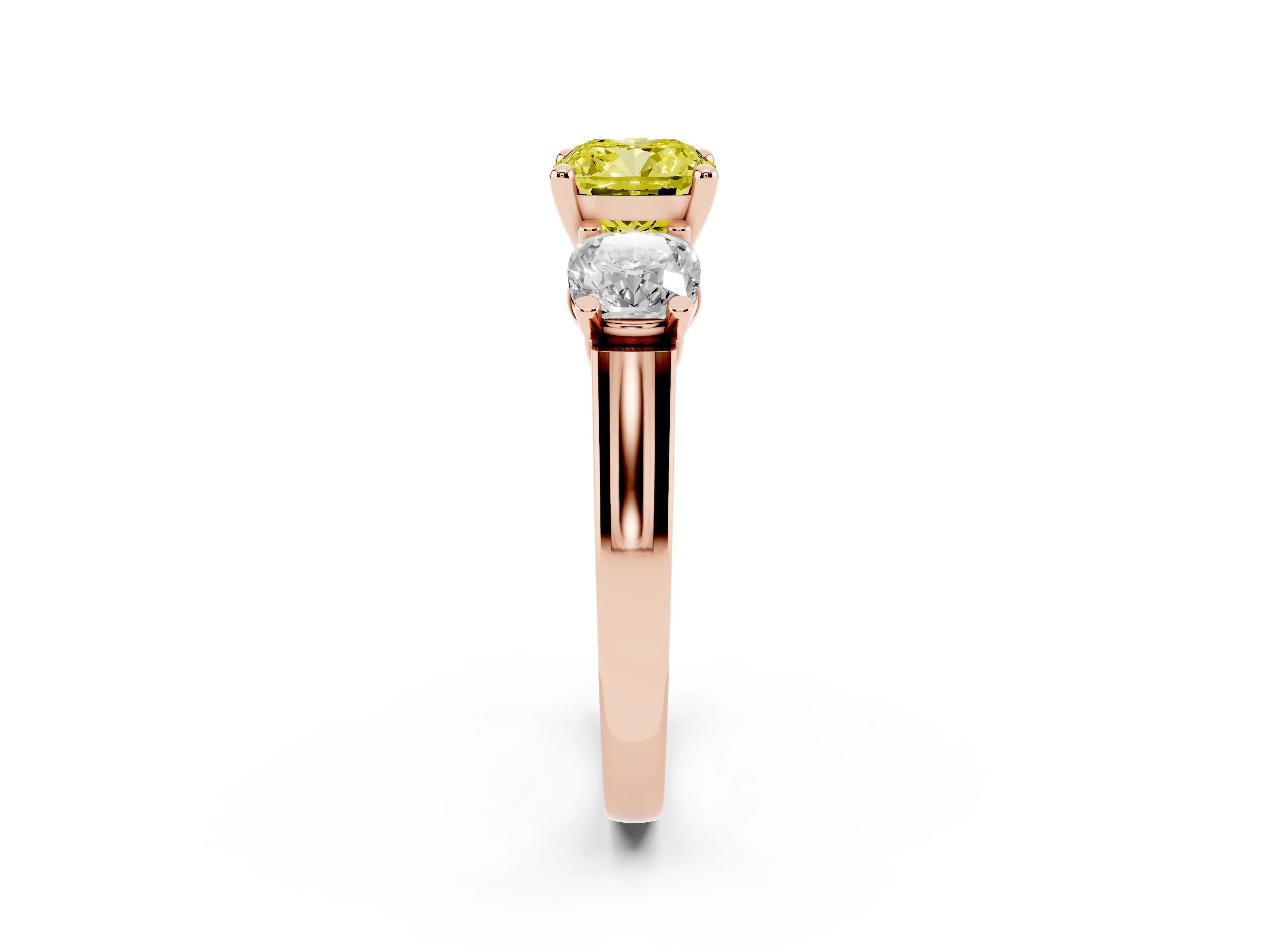 Fancy Yellow Cushion Cut Diamond Three-Stone Trellis Ring Set in Rose gold with Comfort Fit Band