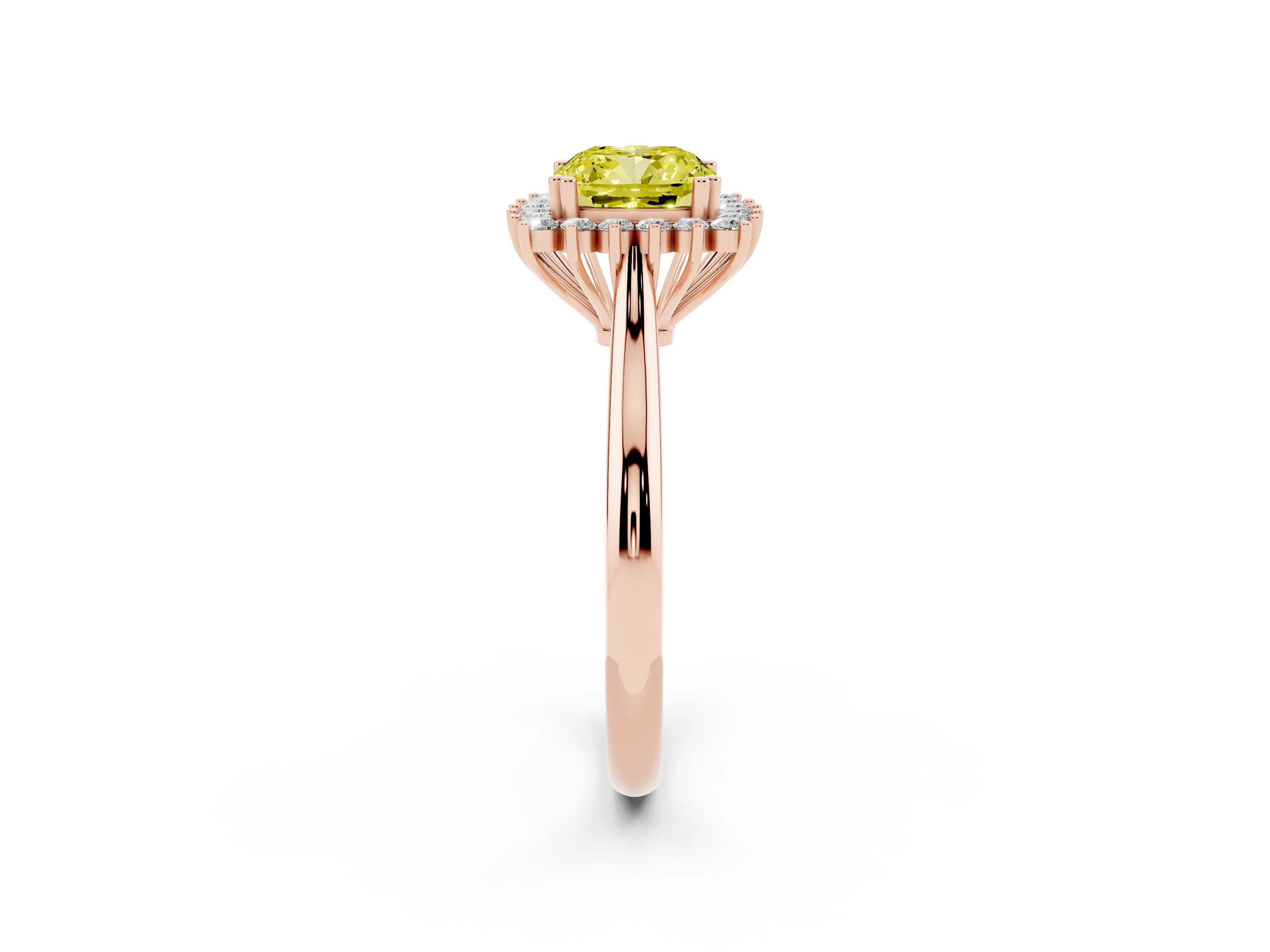 Fancy Yellow Cushion Cut Diamond Halo Ring Set in Rose gold with Plain Solitaire Band and Prong Setting