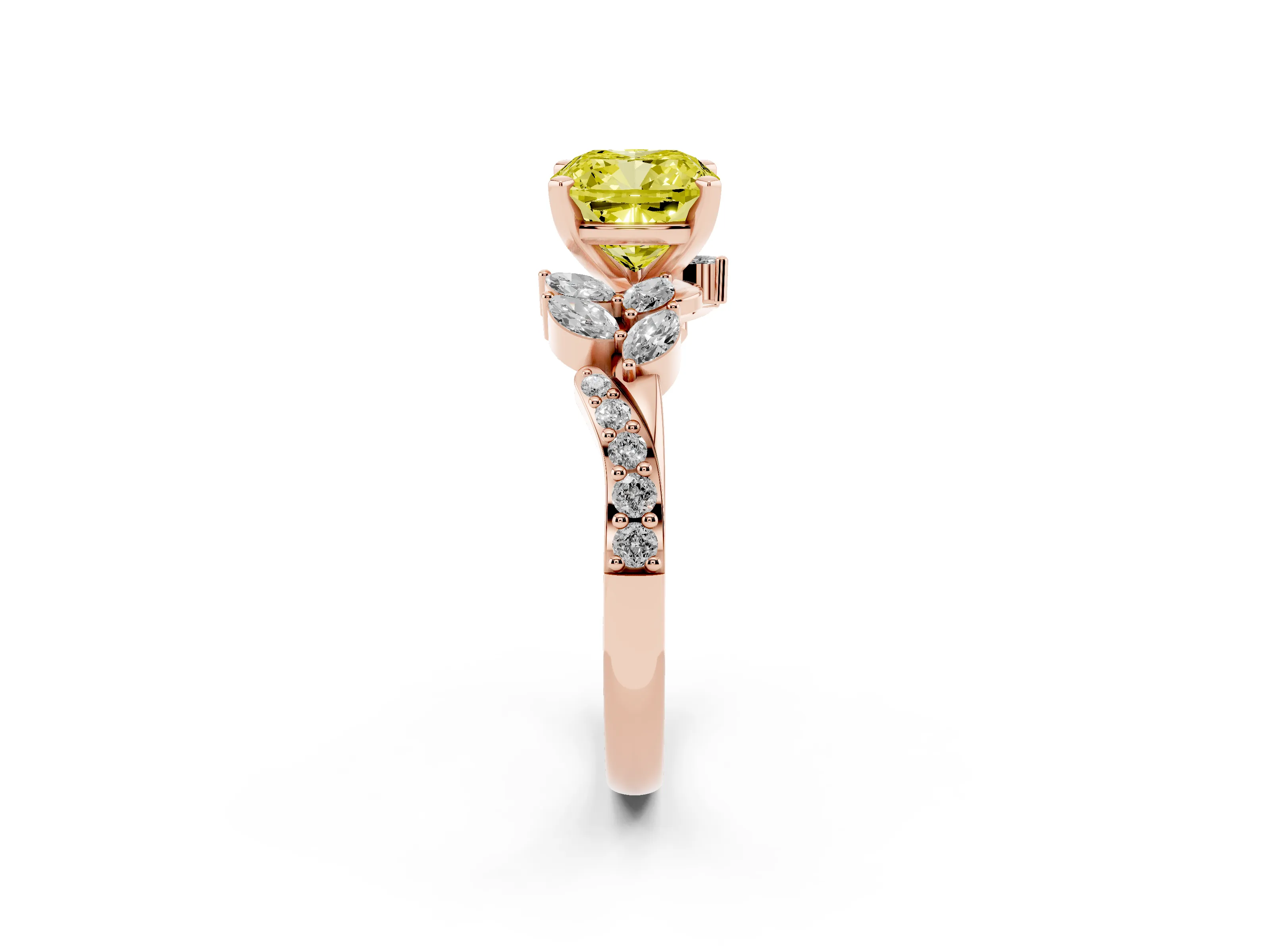 Fancy Yellow Cushion Cut Diamond Solitaire Ring Set in Rose gold with Marquise Twist Band and Prong Setting