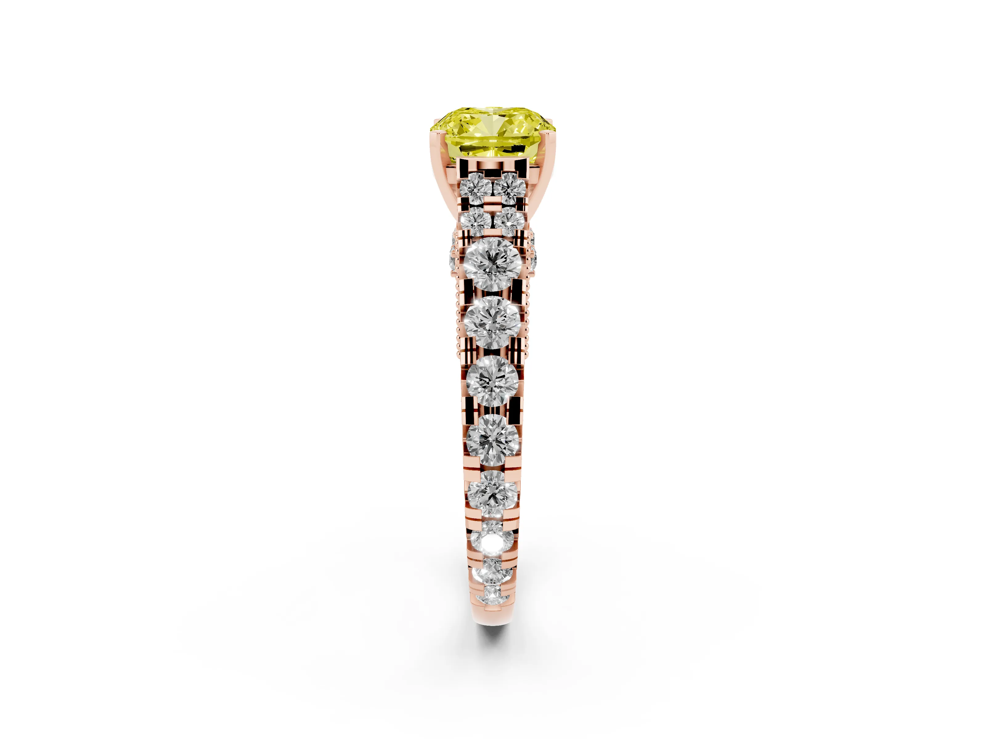 Fancy Yellow Cushion Cut Diamond Classic Solitaire Ring Set in Rose gold with Pavé Band and Prong Setting