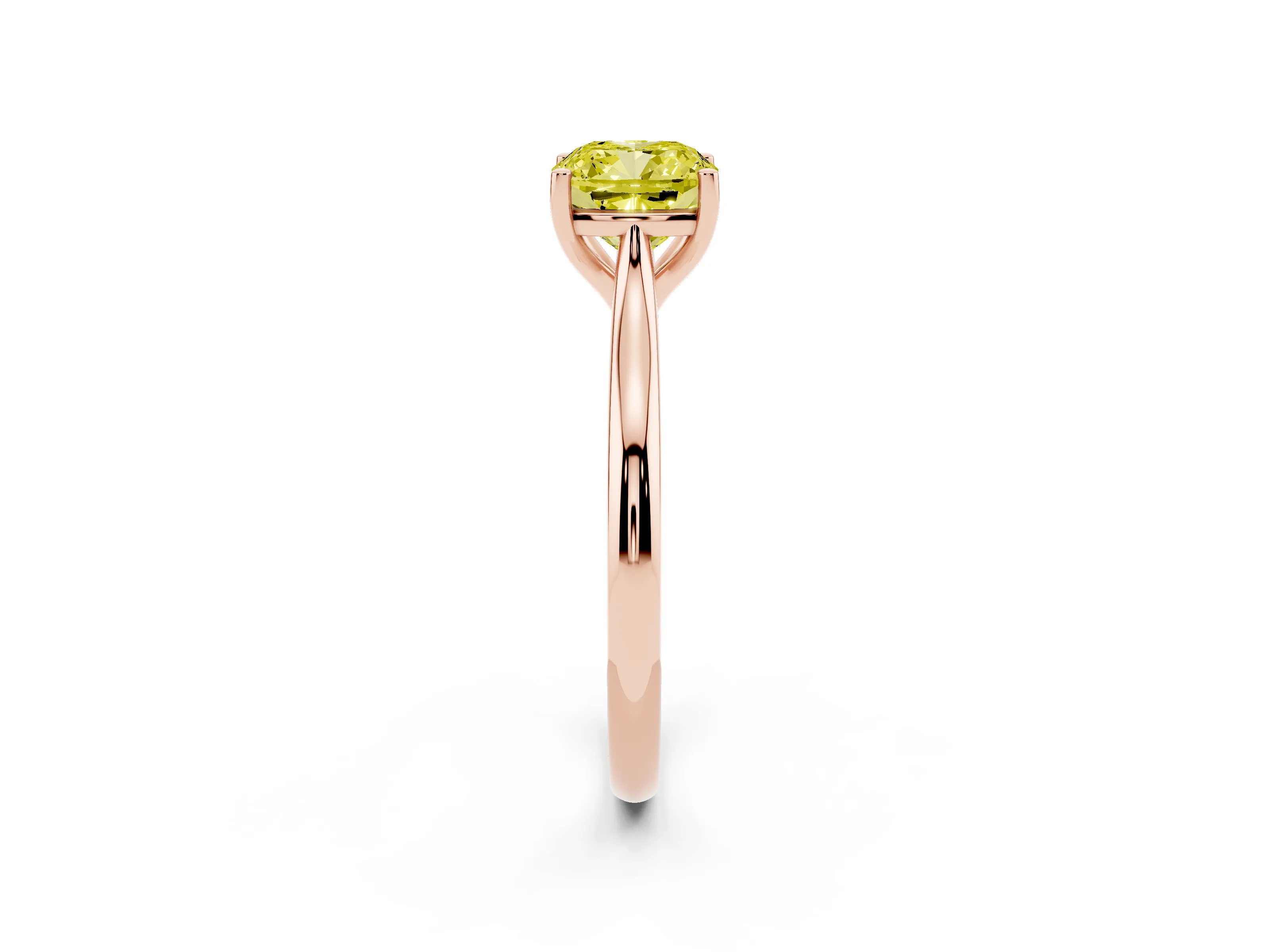 Fancy Yellow Cushion Cut Diamond Solitaire Ring Set in Rose gold with Cathedral Band and Prong Setting