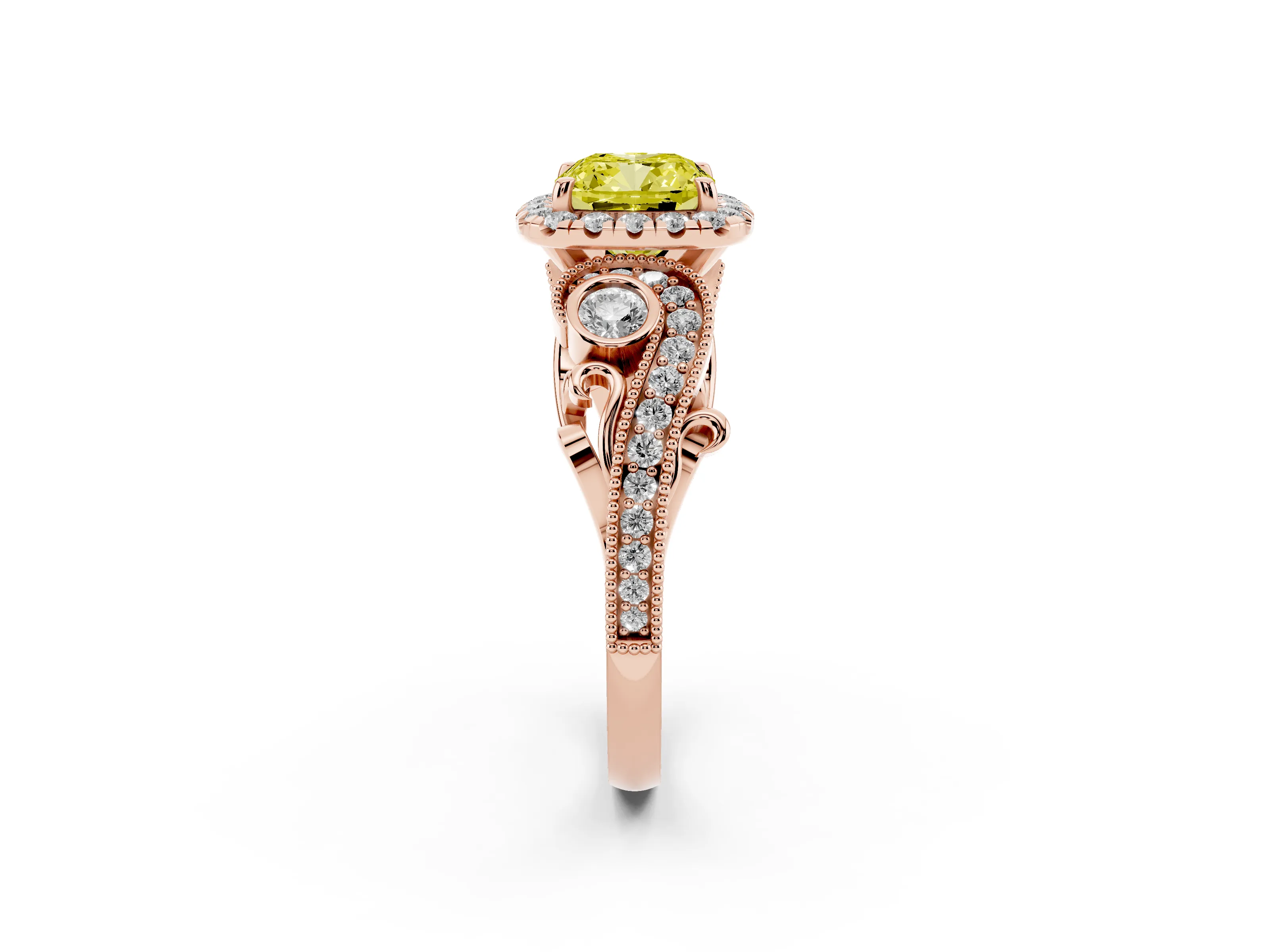 Fancy Yellow Cushion Cut Diamond Halo Ring Set in Rose gold with Milgrain Pavé Band and Prong Setting