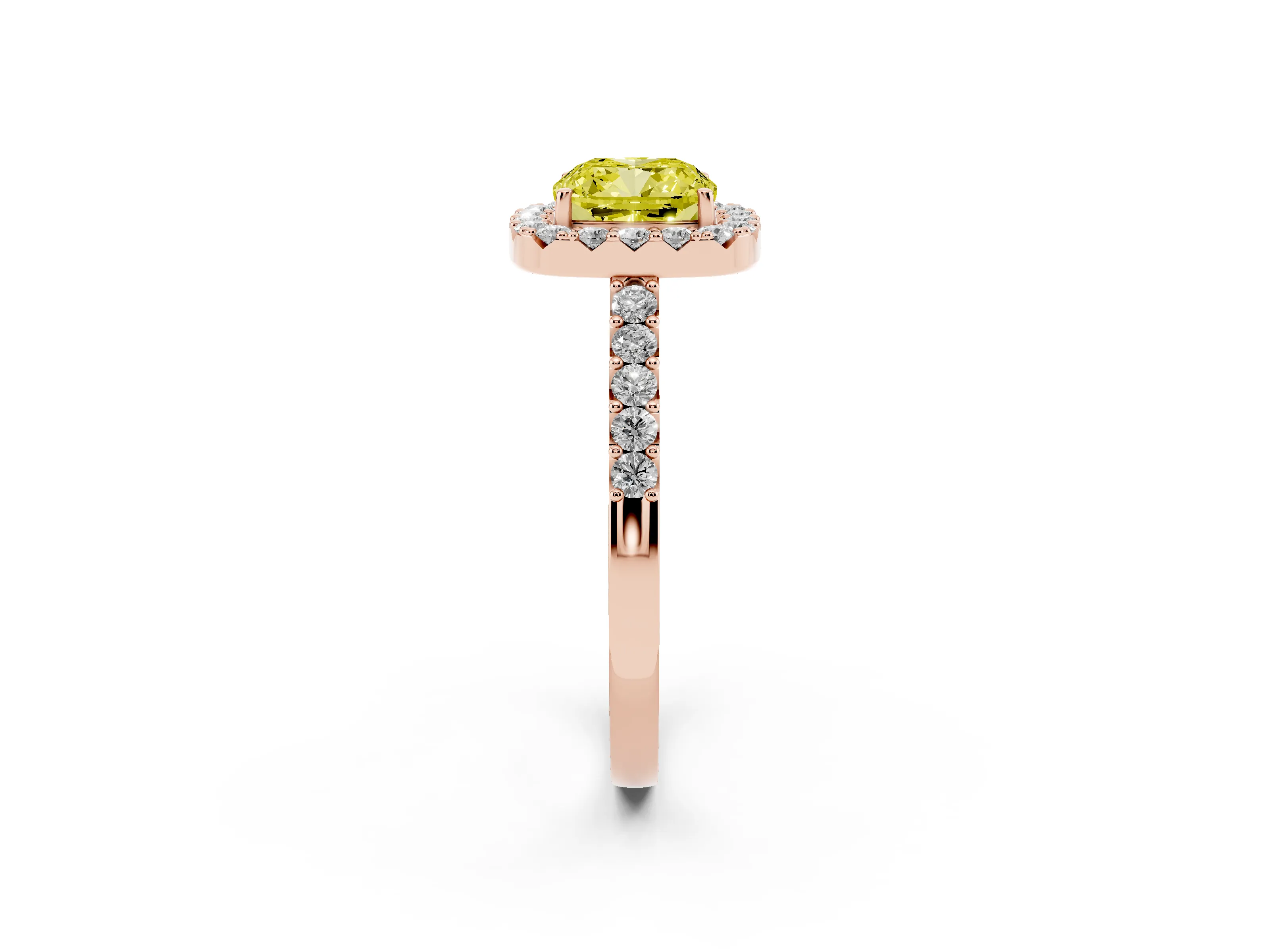Fancy Yellow Cushion Cut Diamond Halo Pavé Solitaire Ring Set in Rose gold with Prong-Set Center Stone