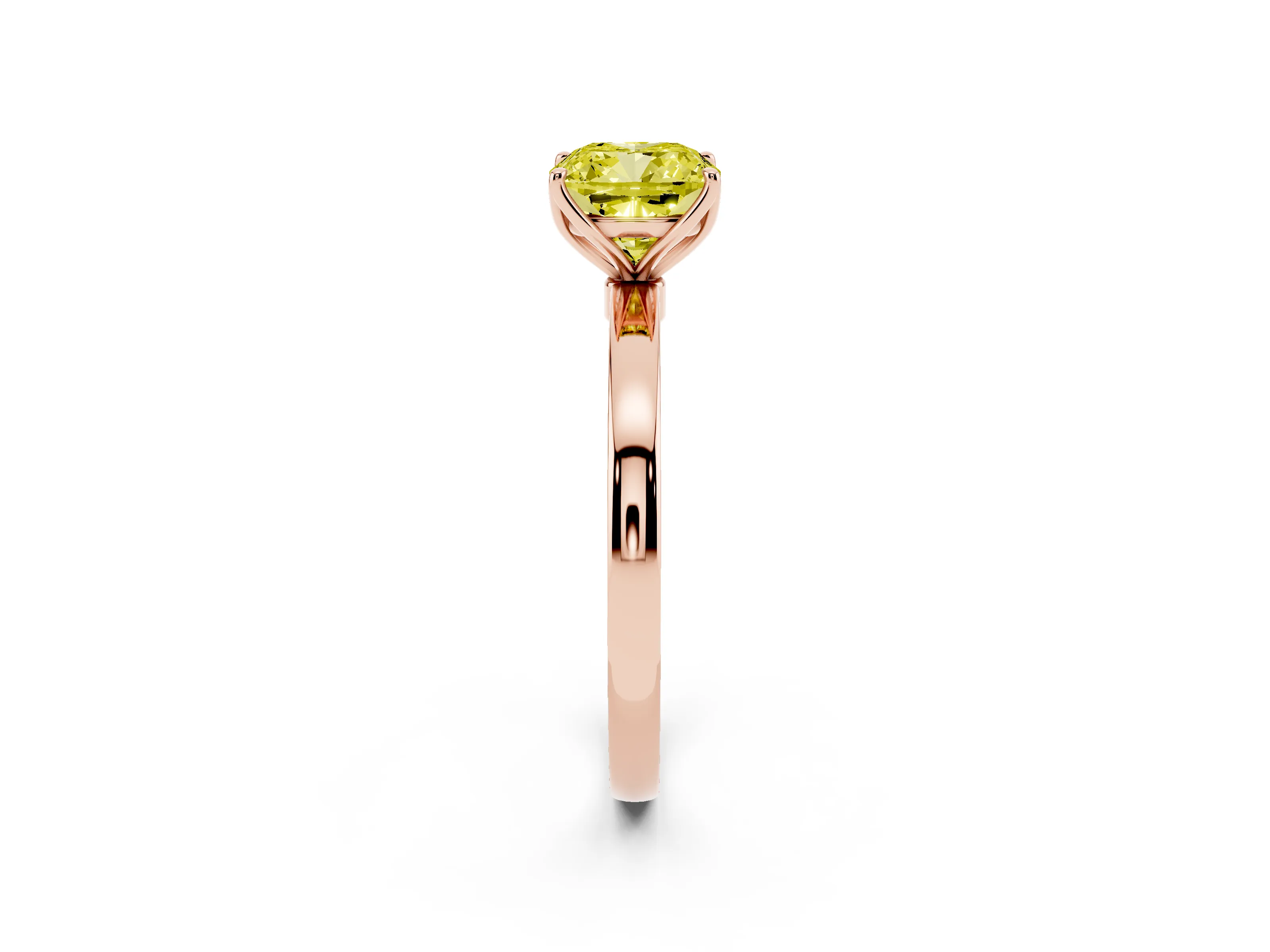 Fancy Yellow Cushion Cut Diamond Solitaire Ring Set in Rose gold with Prong Setting and Thin Polished Band