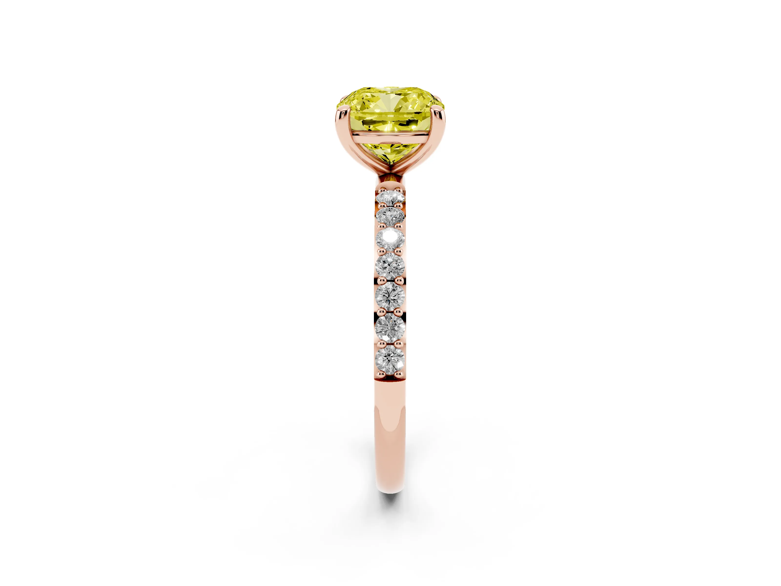 Fancy Yellow Cushion Cut Diamond Solitaire Ring Set in Rose gold with Round Pavé Band and Prong Setting
