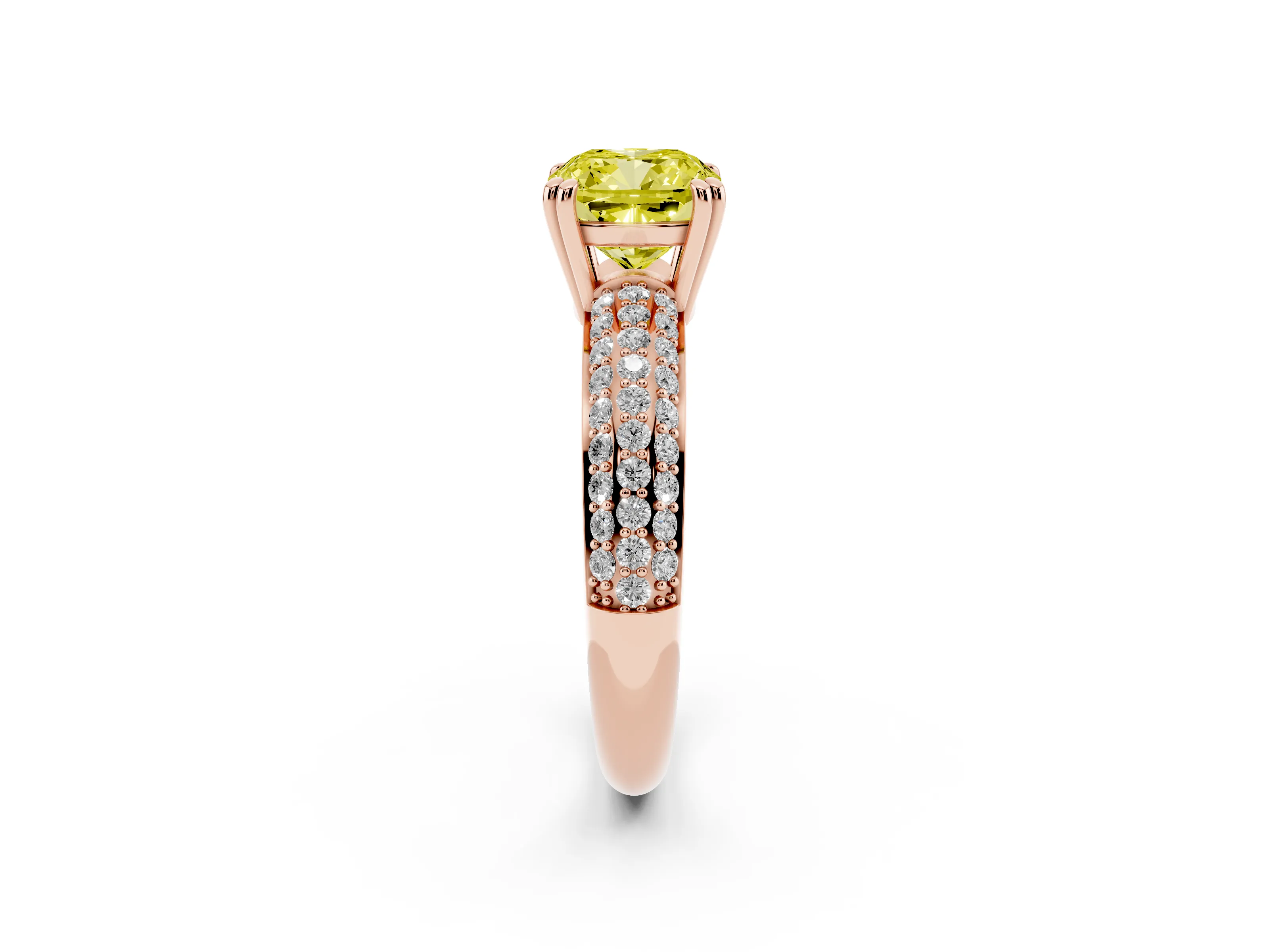 Fancy Yellow Cushion Cut Diamond Solitaire Ring Set in Rose gold with Multi-Row Round Pavé Band and Prong Setting