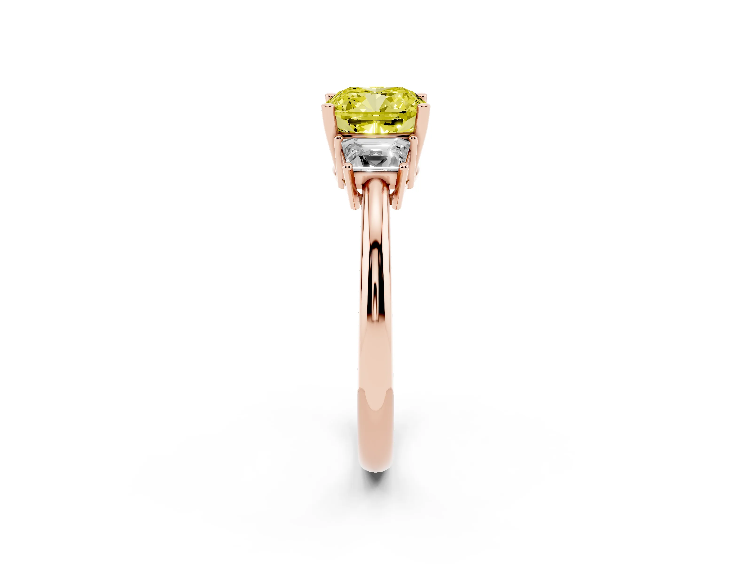 Fancy Yellow Cushion Cut Diamond Three-Stone Ring Set in Rose gold with Trapezoid Side Stones and Prong Setting