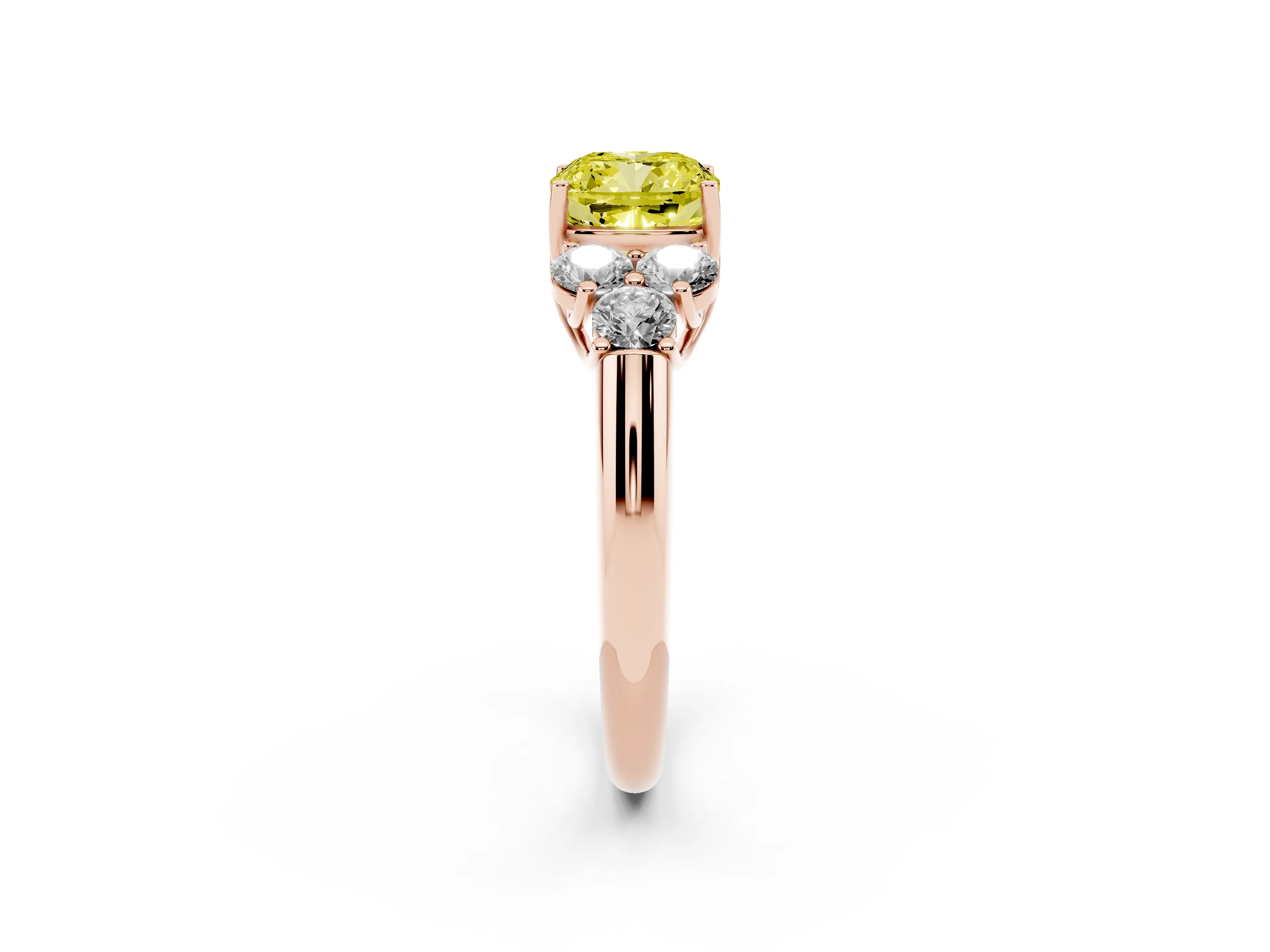 Fancy Yellow Cushion Cut Diamond Cluster Ring Set in Rose gold with Round Accent Stones and Prong Setting on a Plain Band