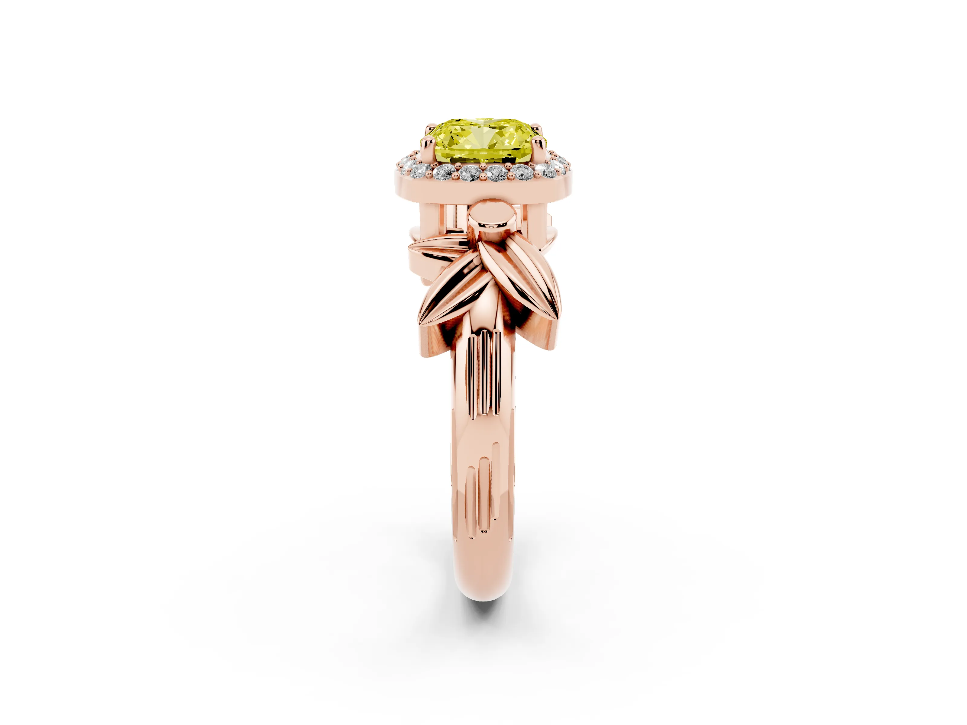 Fancy Yellow Cushion Cut Diamond Halo Floral Band Ring Set in Rose gold with Prong Setting