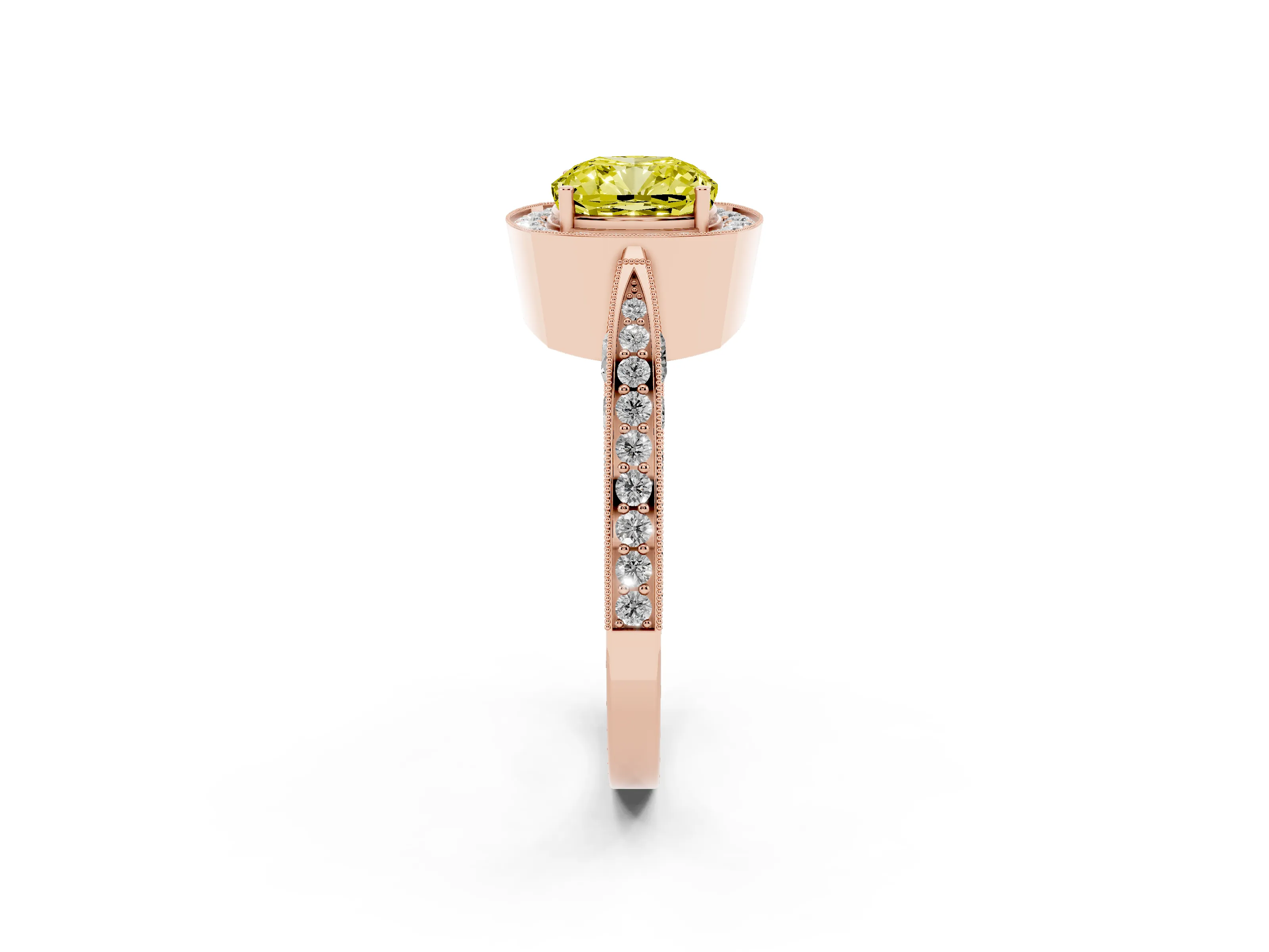 Fancy Yellow Cushion Cut Diamond Halo Engagement Ring Set in Rose gold with Accent Split Shank Band