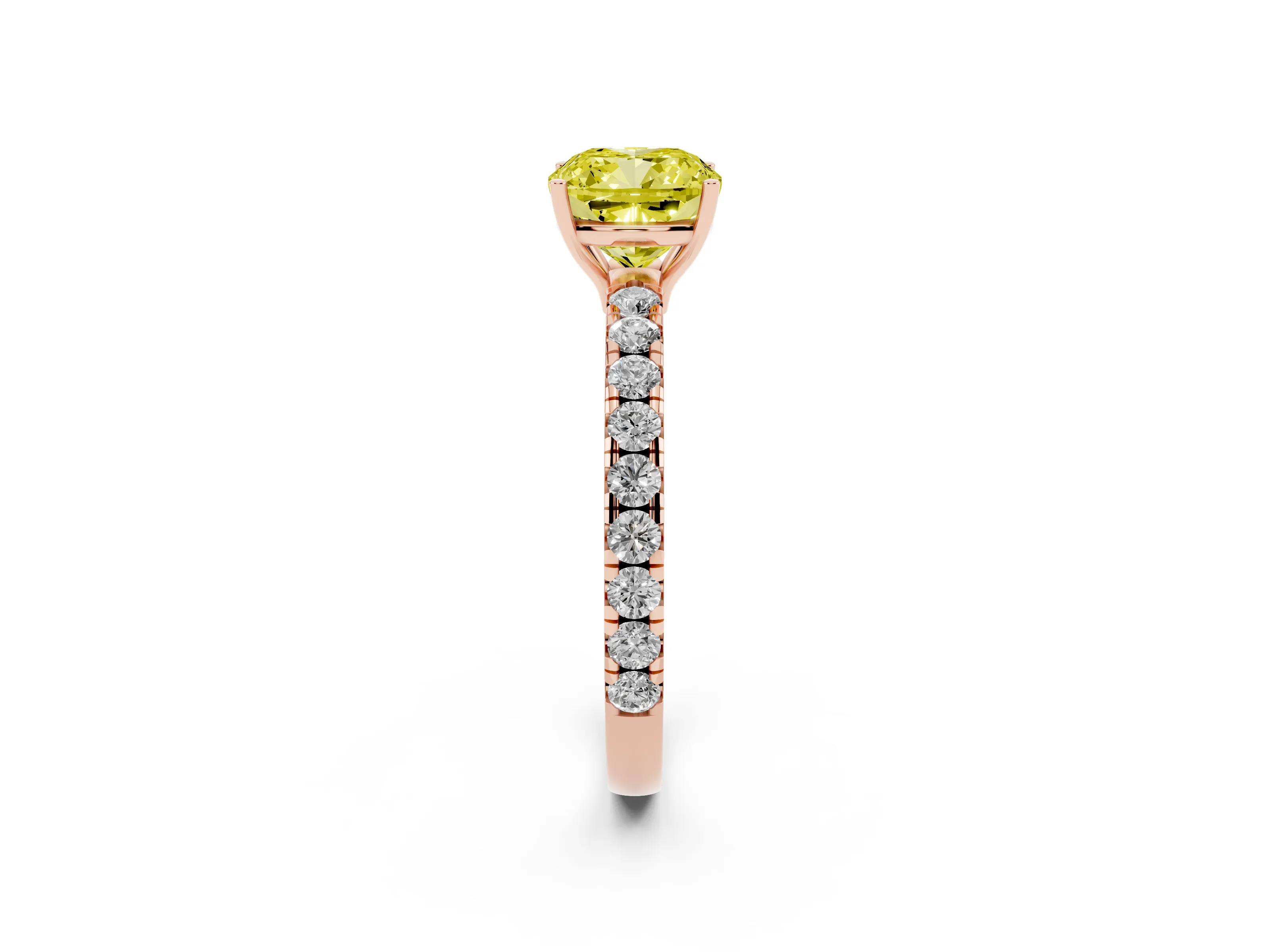 Fancy Yellow Cushion Cut Diamond Pavé Solitaire Engagement Ring Set in Rose gold with Prong Setting