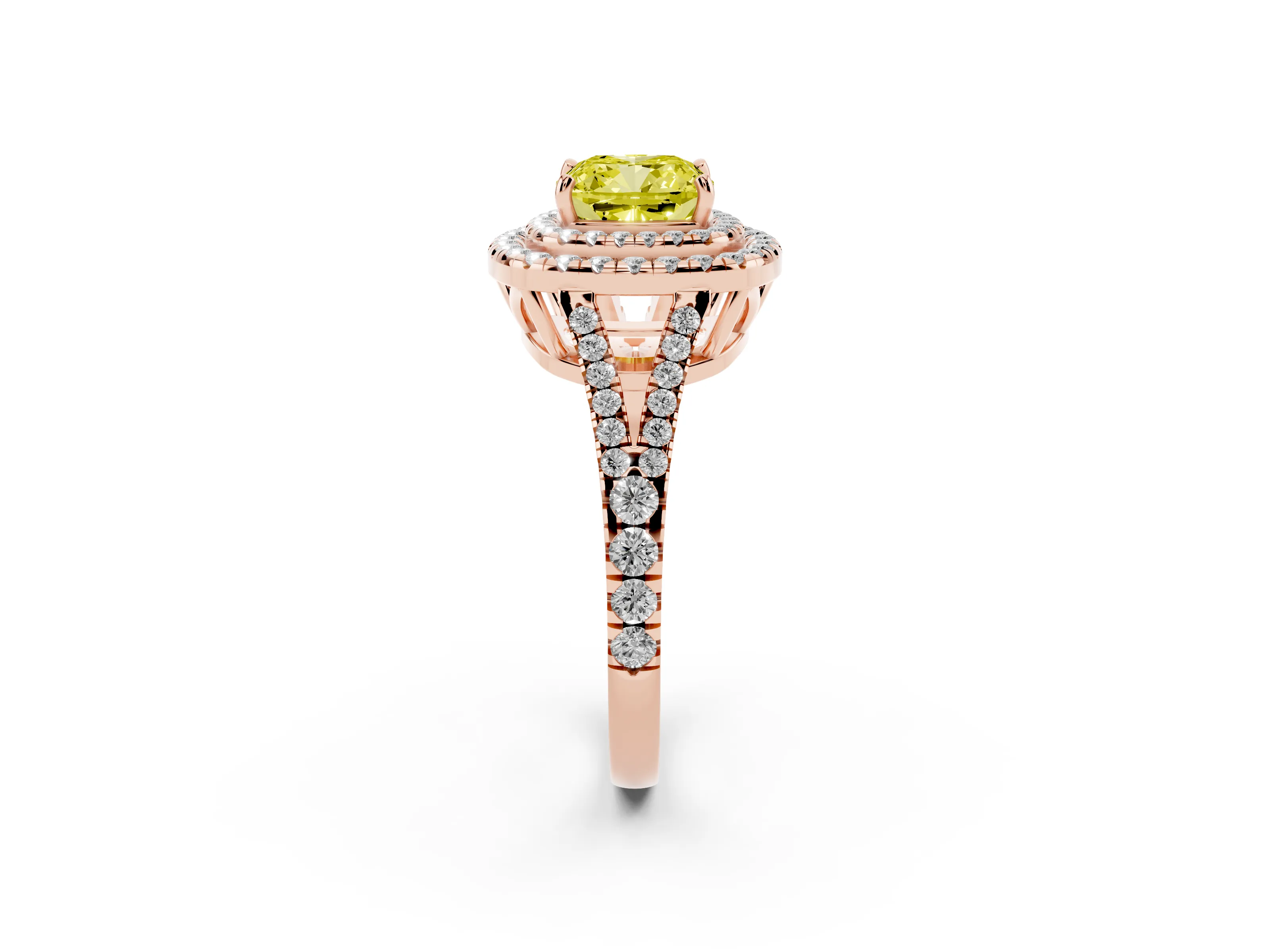 Fancy Yellow Cushion Cut Diamond Double Halo Ring Set in Rose gold with Pavé Band