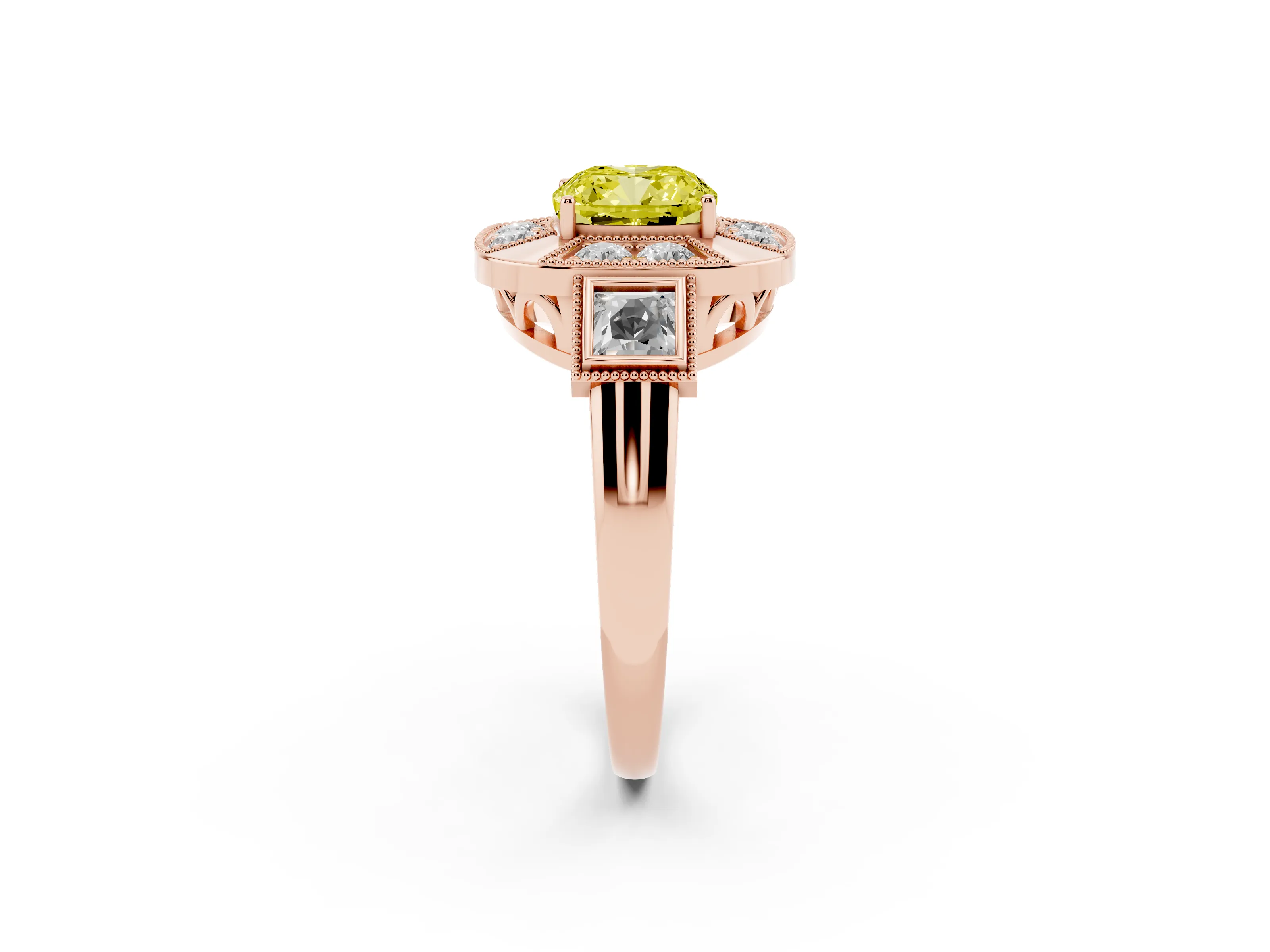 Fancy Yellow Cushion Cut Diamond Milgrain Halo Ring Set in Rose gold with Split Shank