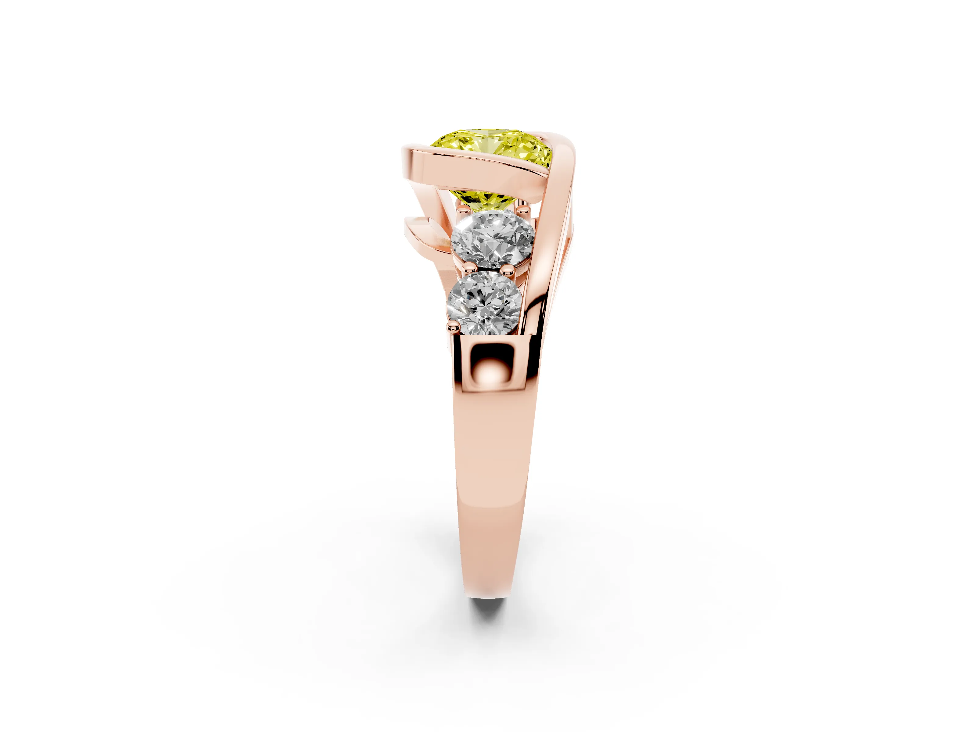 Fancy Yellow Cushion Cut Diamond Bezel Bypass Ring Set in Rose gold with Round Accents