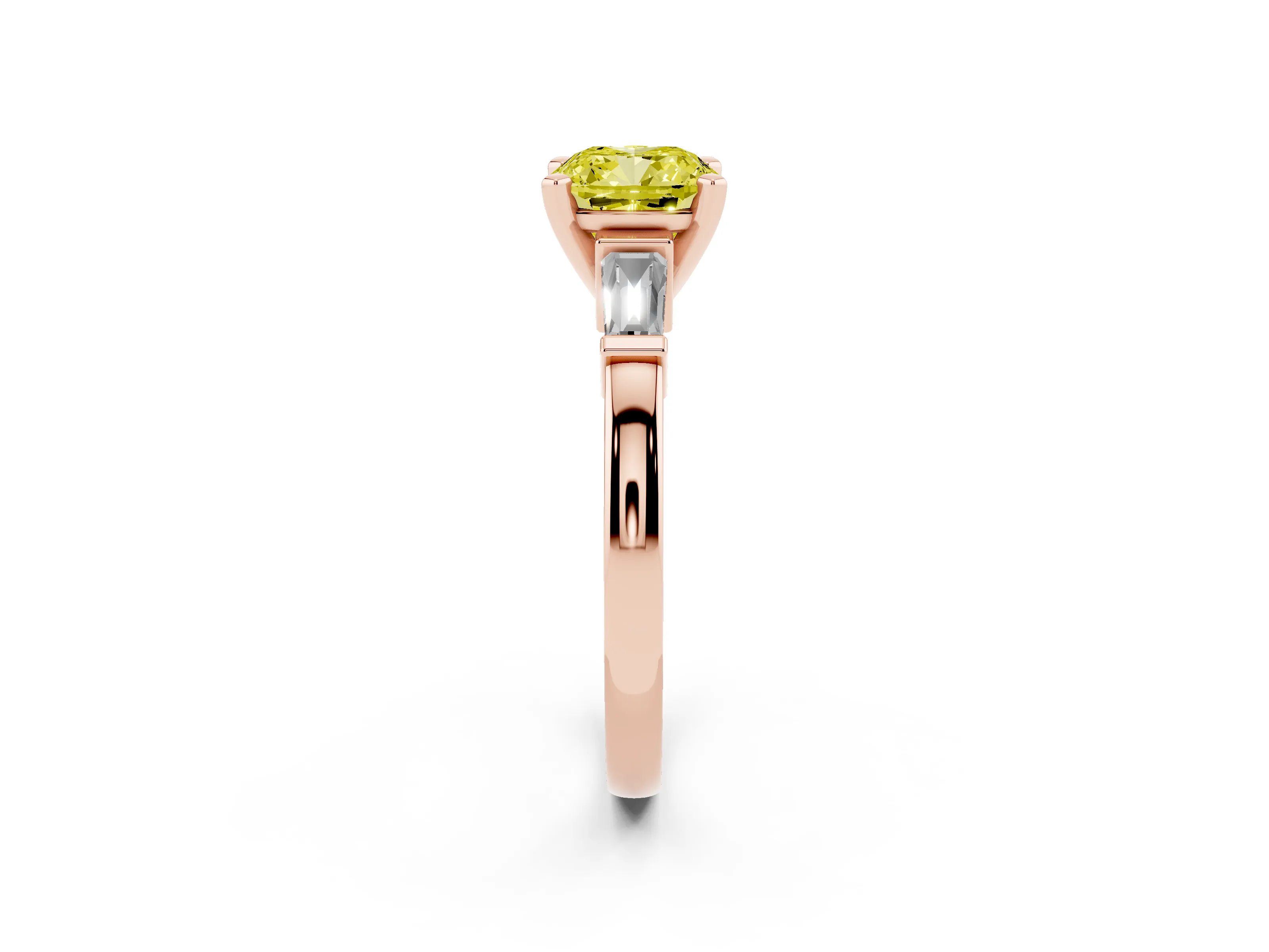 Fancy Yellow Cushion Cut Diamond Solitaire Ring Set in Rose gold with Tapered Baguette Accents and Prong Setting