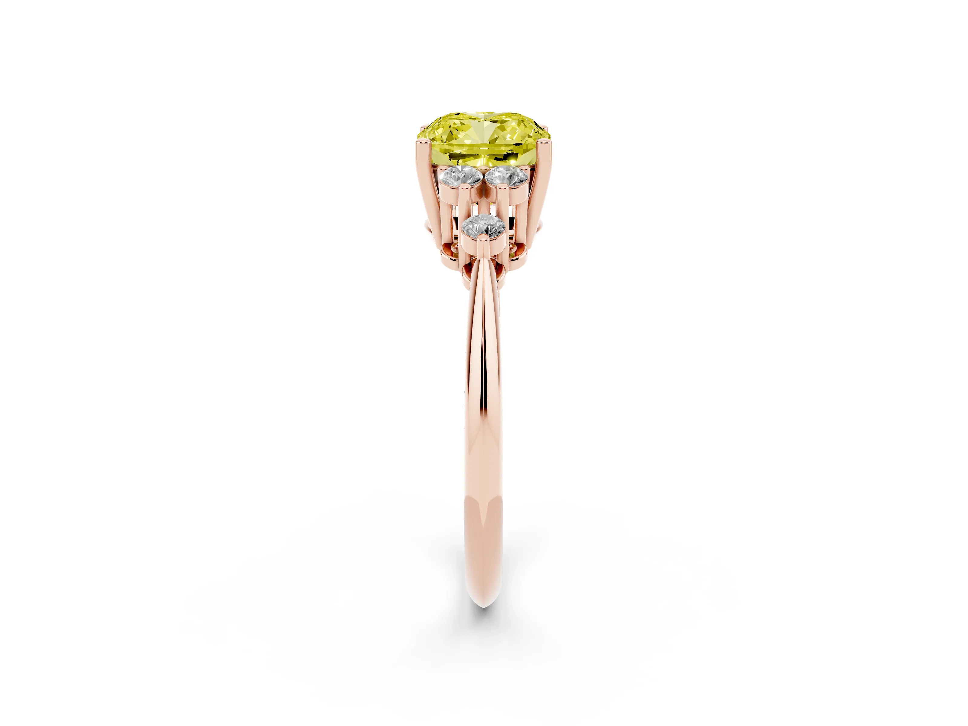 Fancy Yellow Cushion Cut Diamond Cluster Ring Set in Rose gold with Plain Band and Prong Setting
