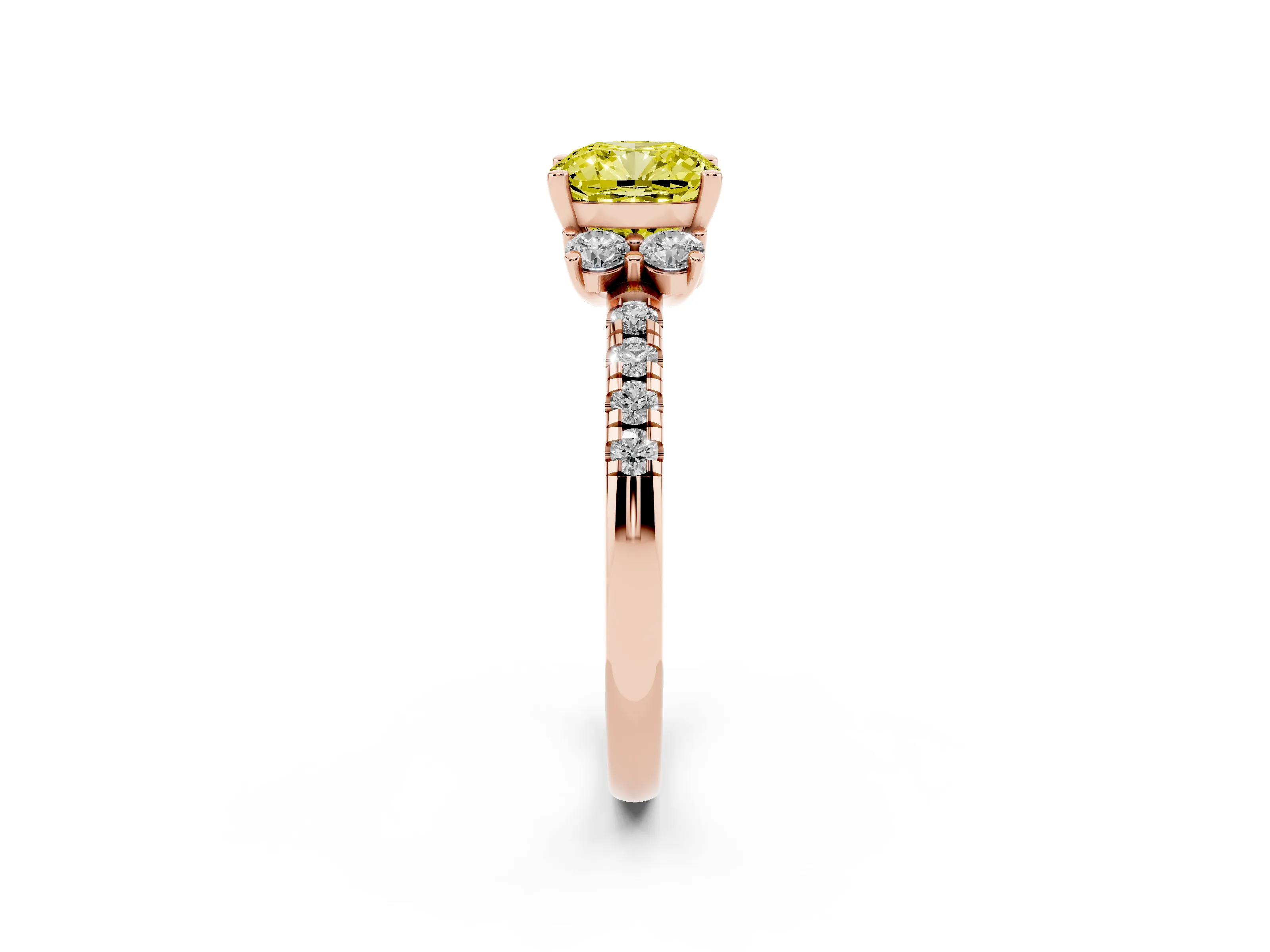 Fancy Yellow Cushion Cut Diamond Three-Stone Pavé Ring Set in Rose gold with Prong Setting