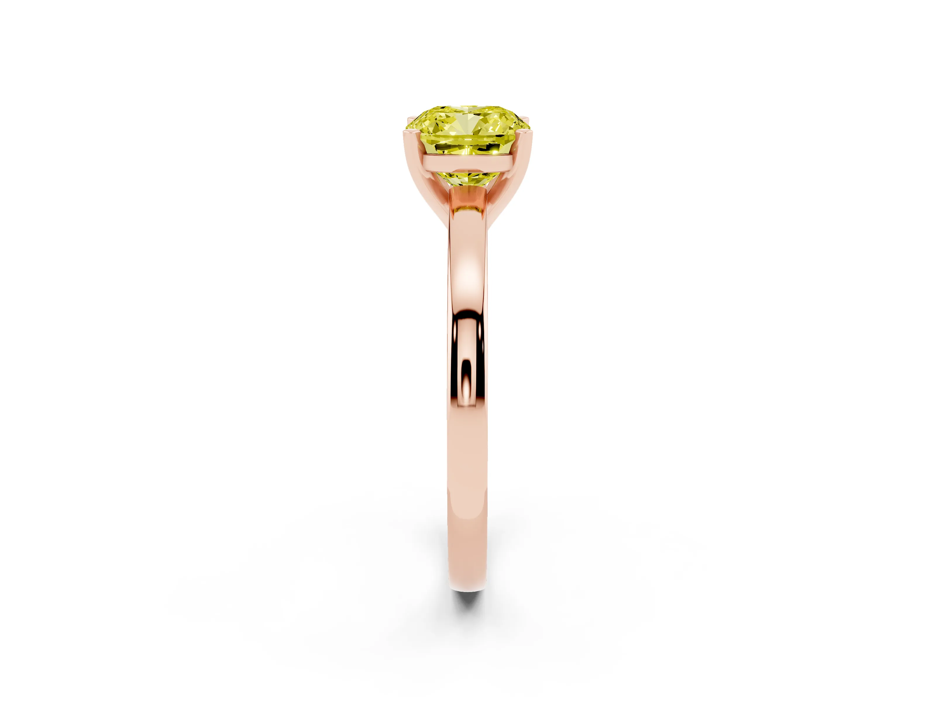 Fancy Yellow Cushion Cut Diamond Solitaire Engagement Ring Set in Rose gold with Prong Setting on a Classic Band