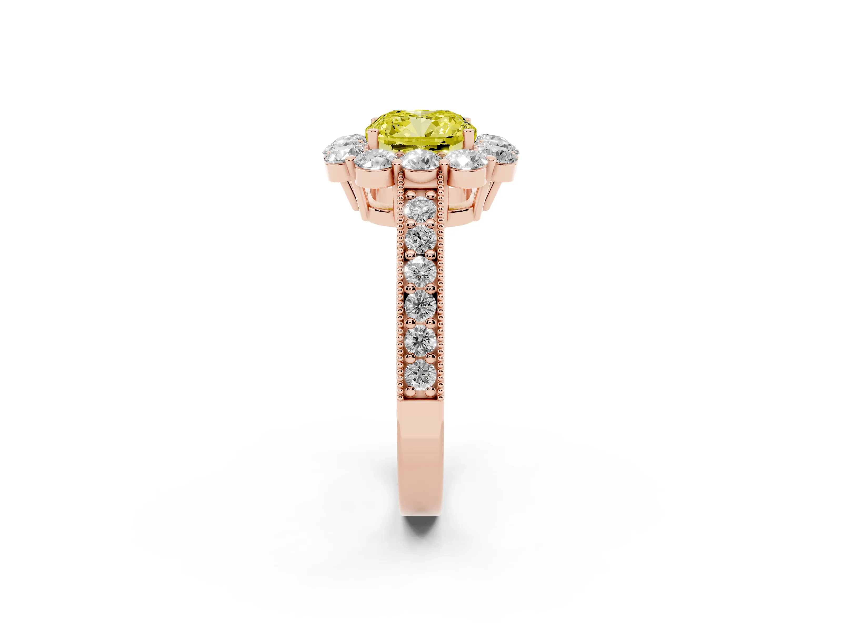 Fancy Yellow Cushion Cut Diamond Halo Pavé Engagement Ring Set in Rose gold with Milgrain Detailing