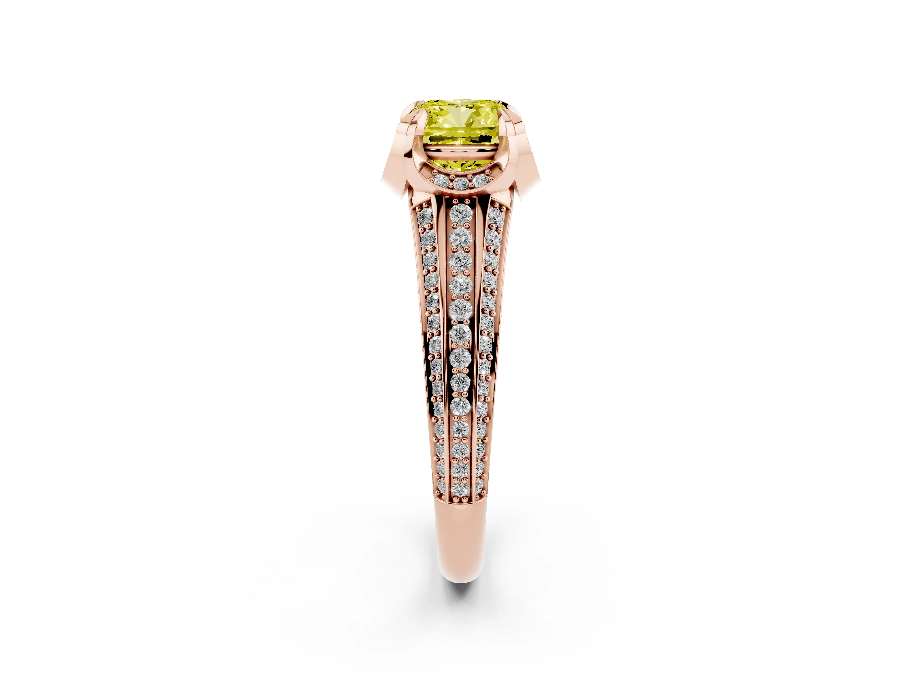 Fancy Yellow Cushion Cut Diamond Pavé Split Shank Solitaire Ring Set in Rose gold with Prong Setting