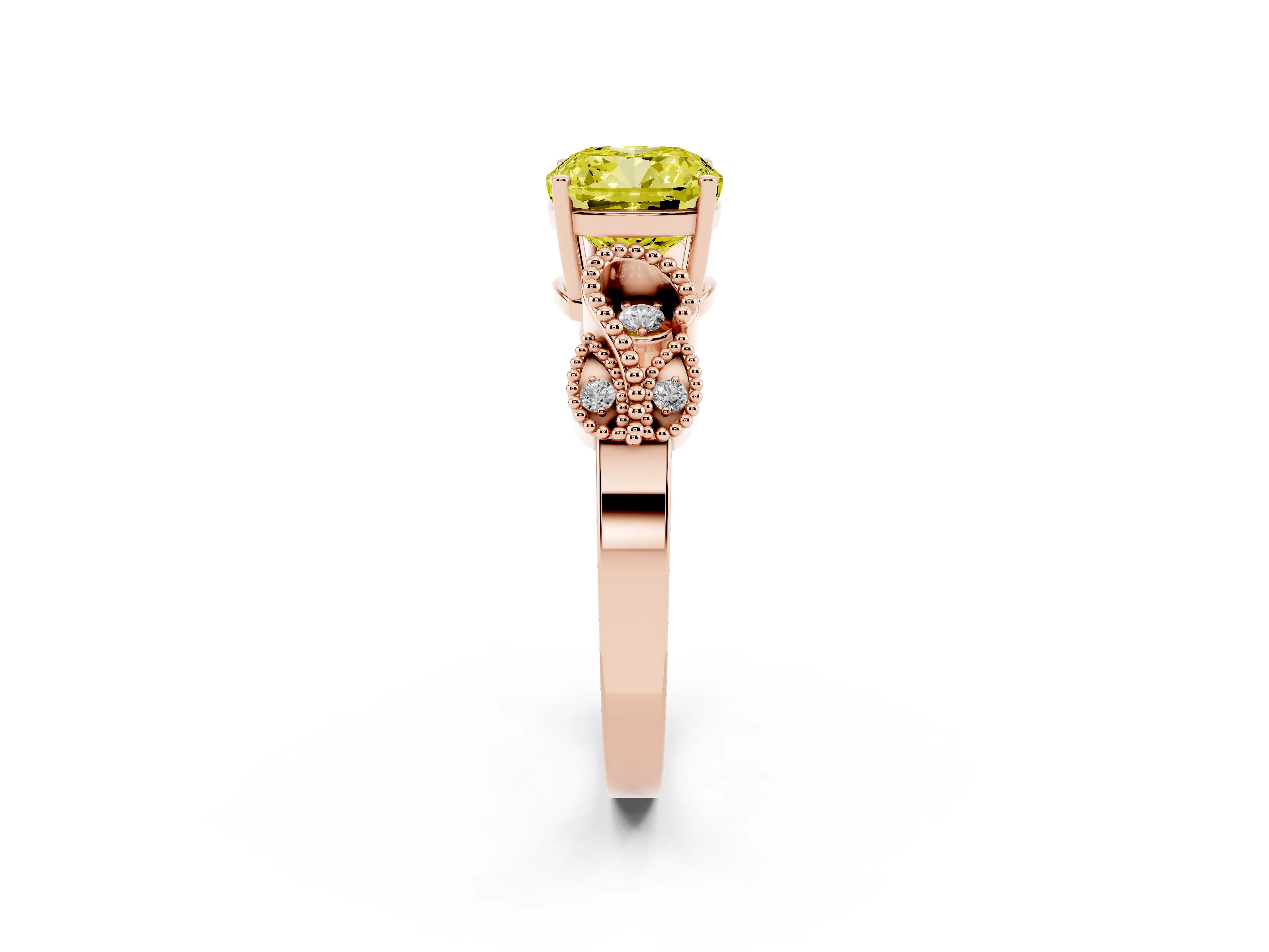Fancy Yellow Cushion Cut Diamond Milgrain Leaf Band Solitaire Ring Set in Rose gold with Accent Stones and Prong Setting