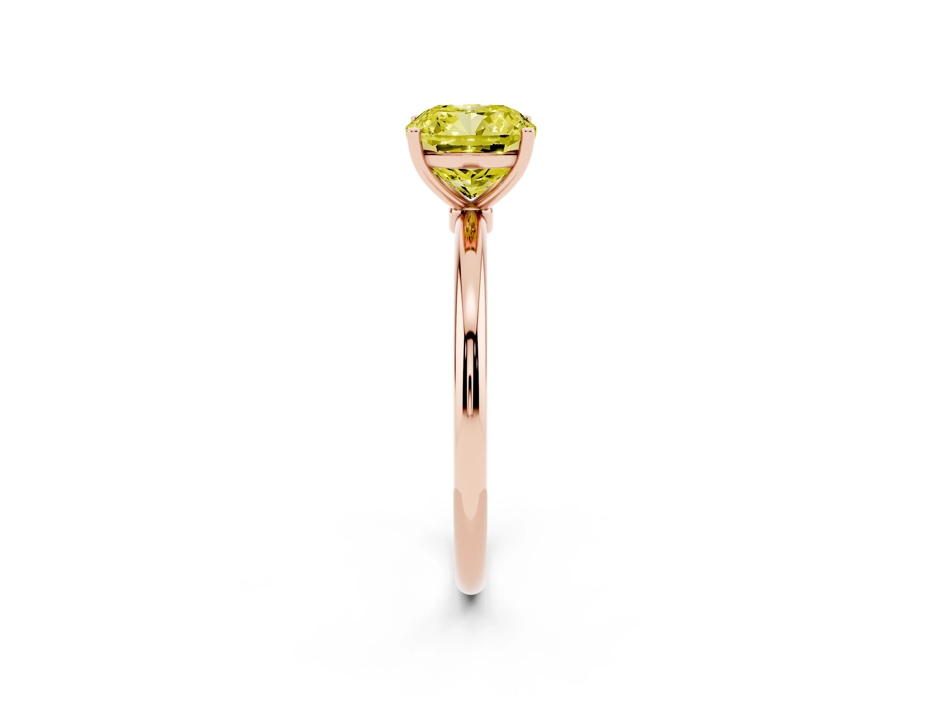 Fancy Yellow Cushion Cut Diamond Solitaire Engagement Ring Set in Rose gold with Thin Band and Prong Setting