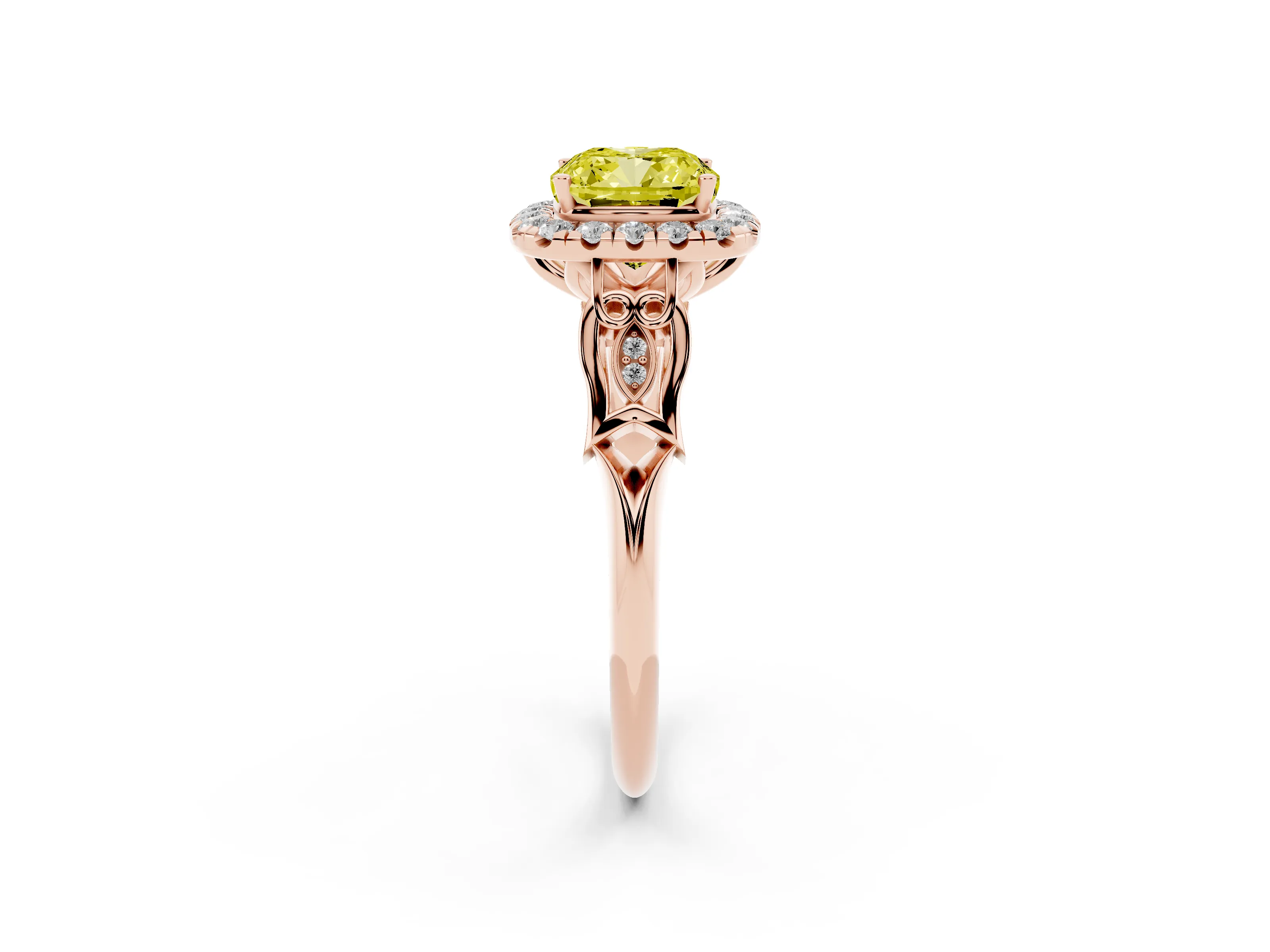 Fancy Yellow Cushion Cut Diamond Halo Engagement Ring Set in Rose gold with Filigree Band and Prong-Set Center
