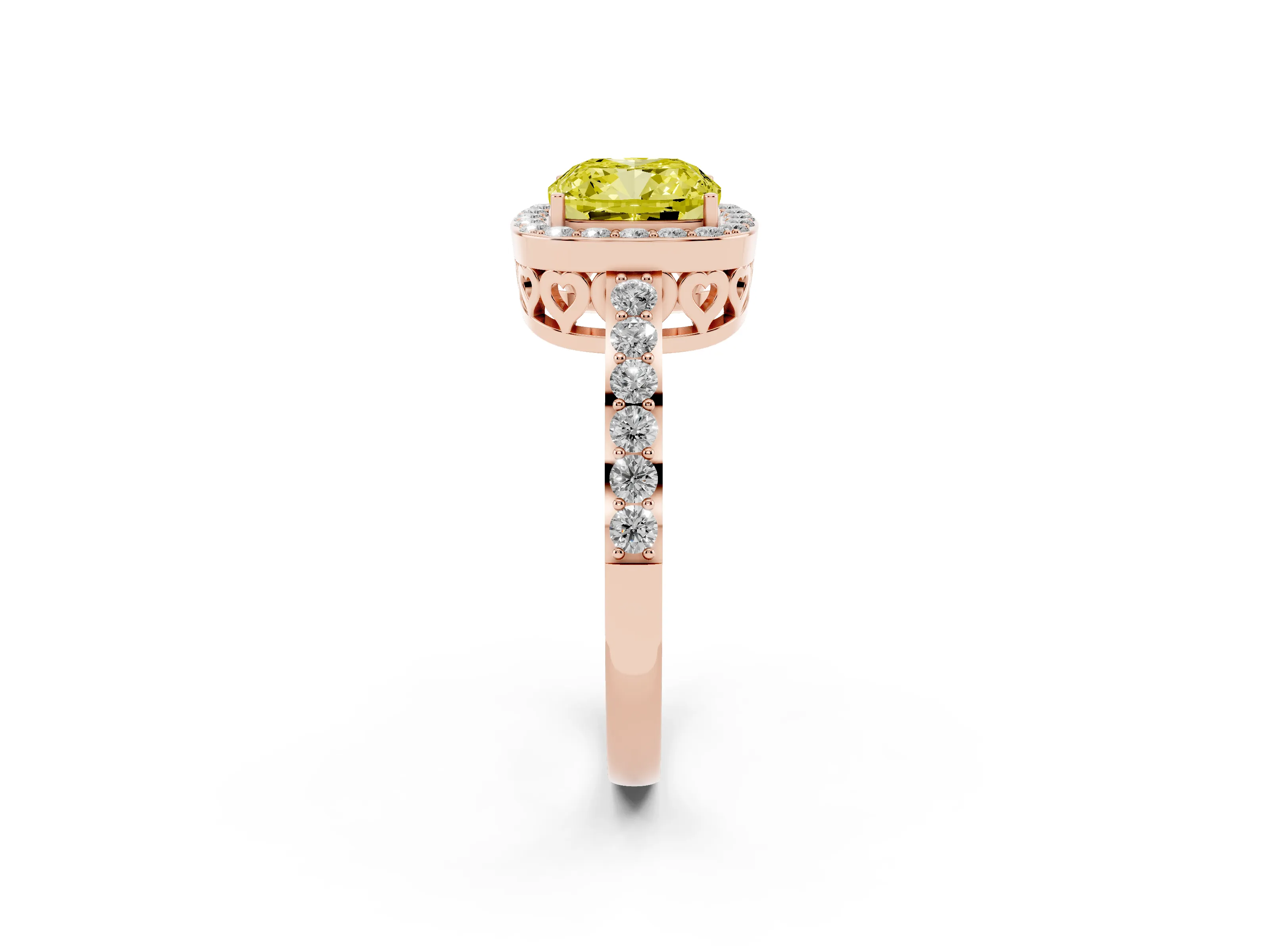Fancy Yellow Cushion Cut Diamond Halo Ring Set in Rose gold with Pavé-Setting Band and Open Prong Center