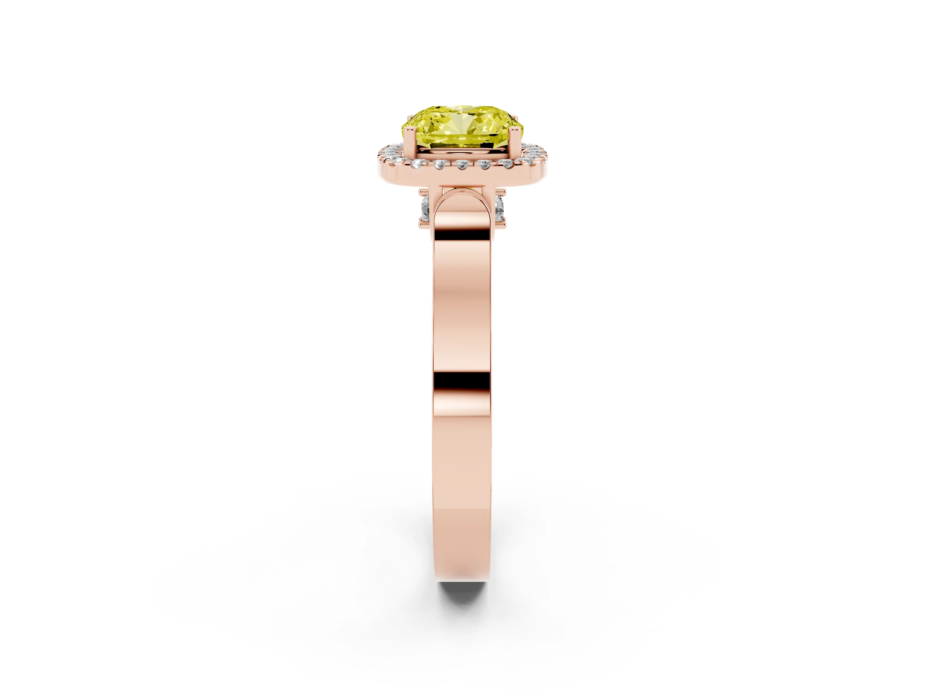 Fancy Yellow Cushion Cut Diamond Halo Ring Set in Rose gold with Pavé-Lined Split Shank Band